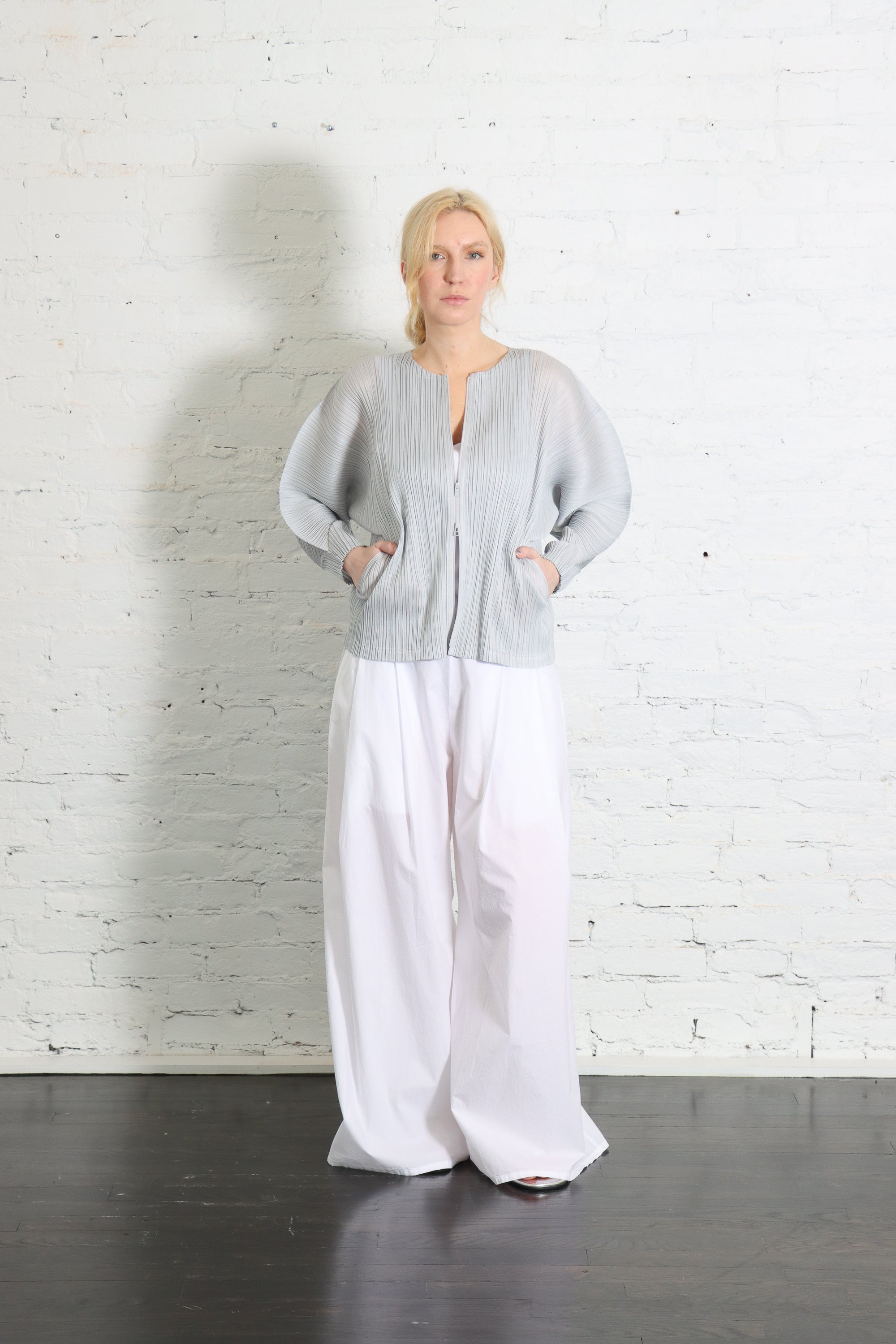 April Monthly Colors Zip-up Cardigan in Cool Gray by Pleats Please Iss