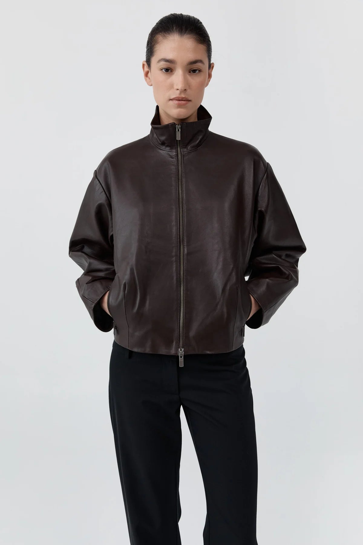 Cocoon Zip Leather Jacket in Chocolate by St. Agni