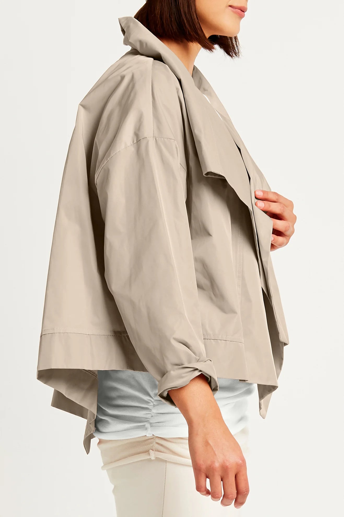 Cropped Nylon Asymmetrical Jacket in Putty by Planet – Idlewild Cropped Nylon Asymmetrical Jacket in Putty by Planet – Idlewild