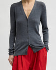Feather Weight Ribbed V-Neck Slim Cardigan in Charcoal Grey by Tibi
