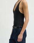 Stretch Light Weight Tech Knit Racerback Bodysuit in Black by Tibi