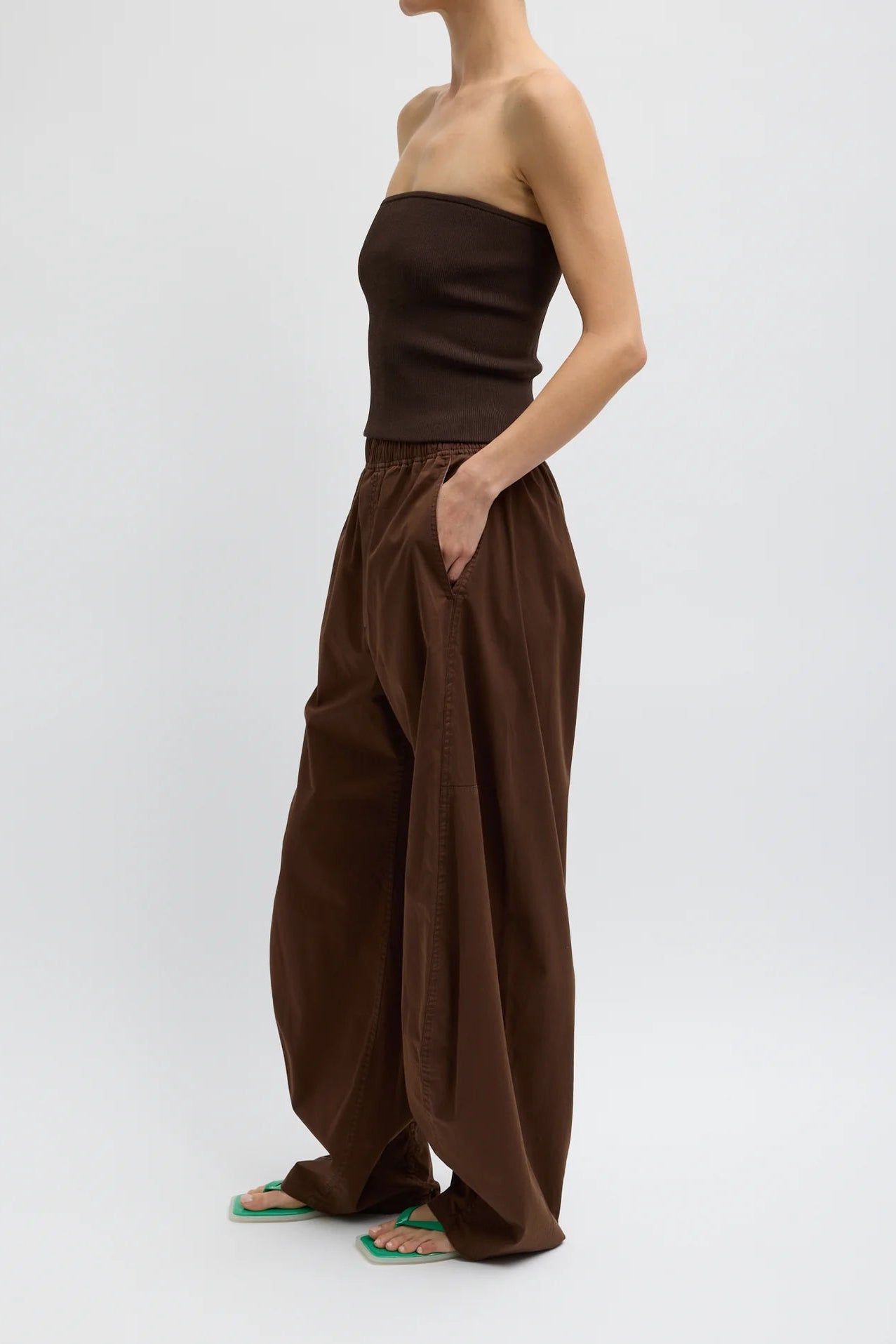 Garment Dyed Silky Cotton Winslow Pull-On Pant in Brown by Tibi