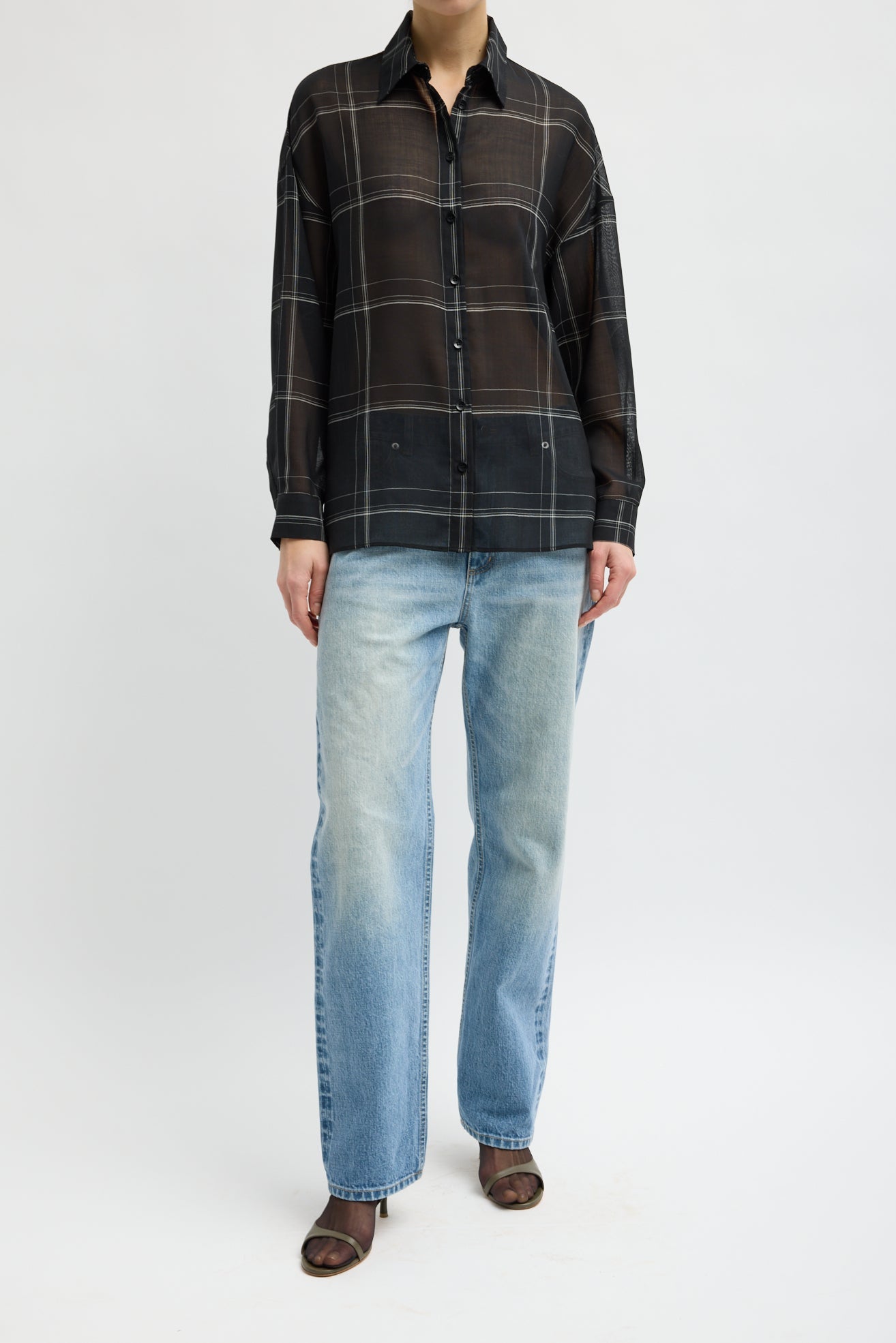 SHEER WOOL GAUZE CHECK OVERSIZED SHIRT