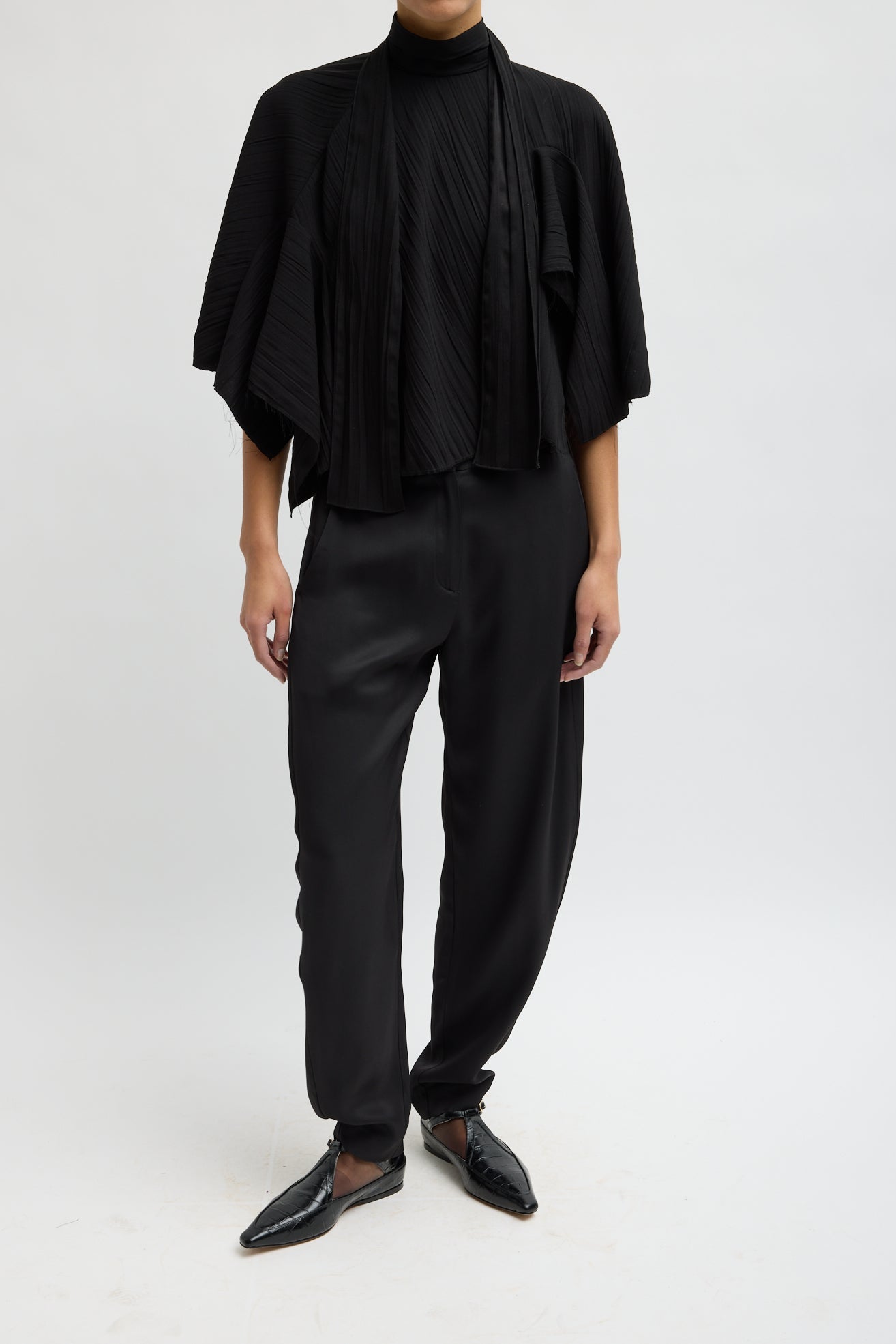 CREASED ACETATE DRAPE CAPE TIE TOP