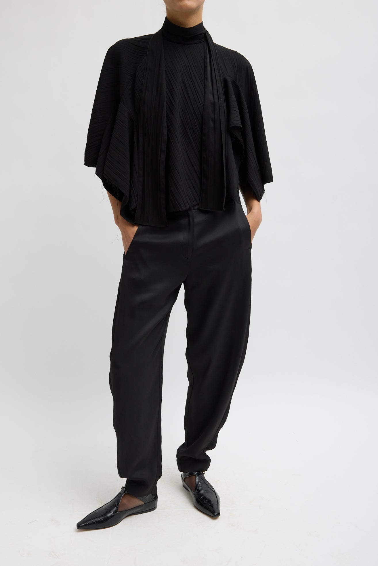 CREASED ACETATE DRAPE CAPE TIE TOP