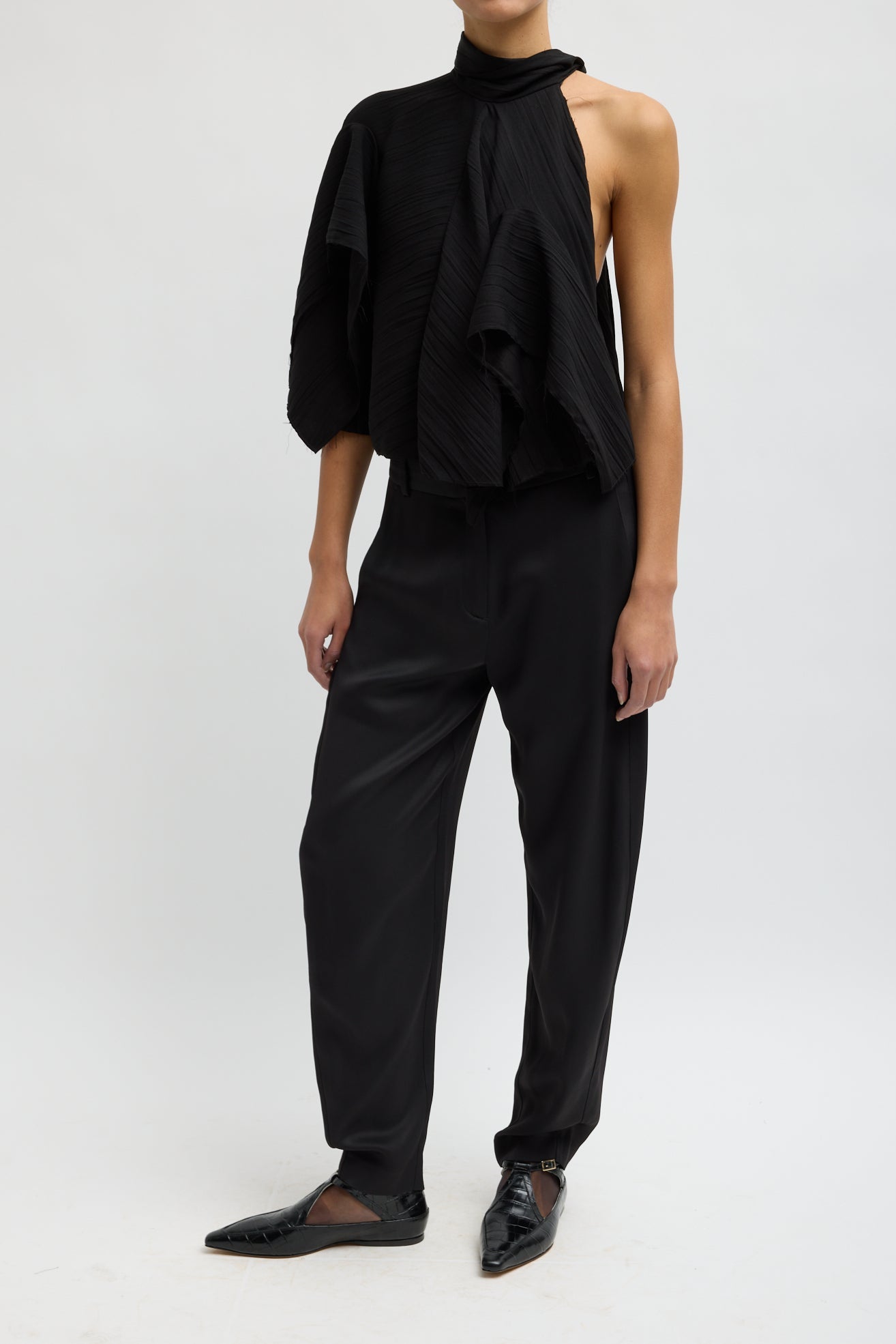 CREASED ACETATE DRAPE CAPE TIE TOP