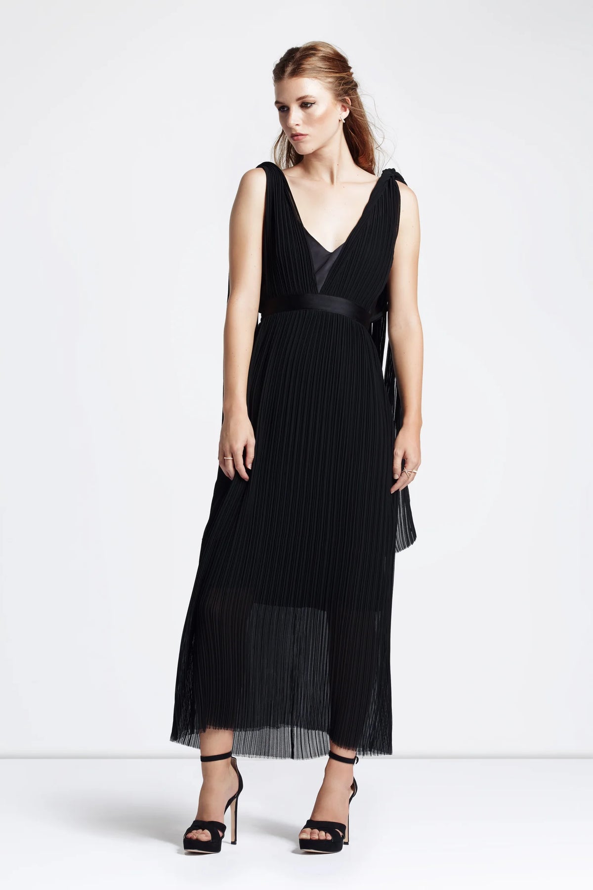 Pleated Sheer Silk Dress in Black by Calle Evans