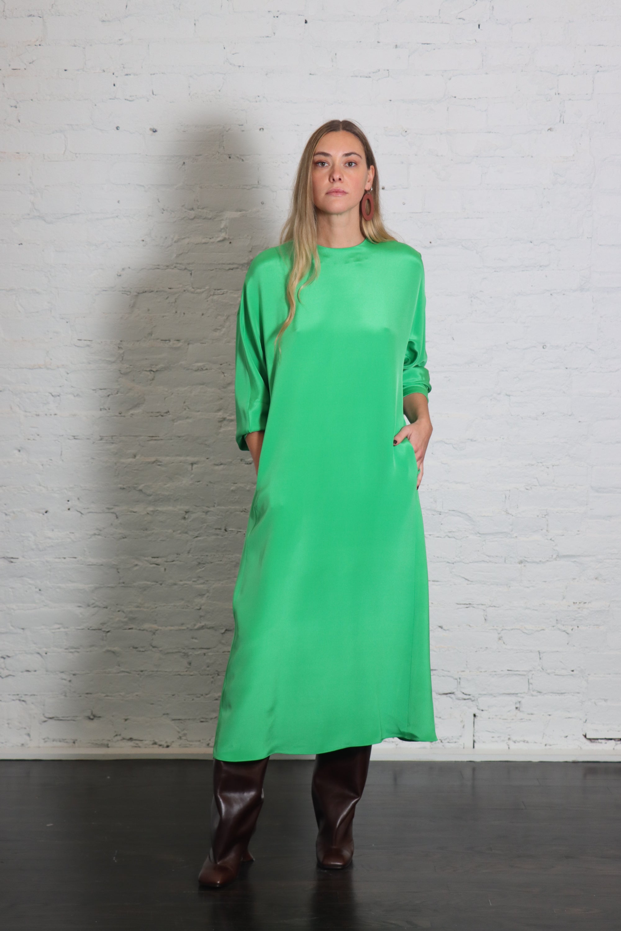 4 Ply Silk Long Sleeve Cocoon Dress in Green by Tibi-Dresses-Tibi-Idlewild