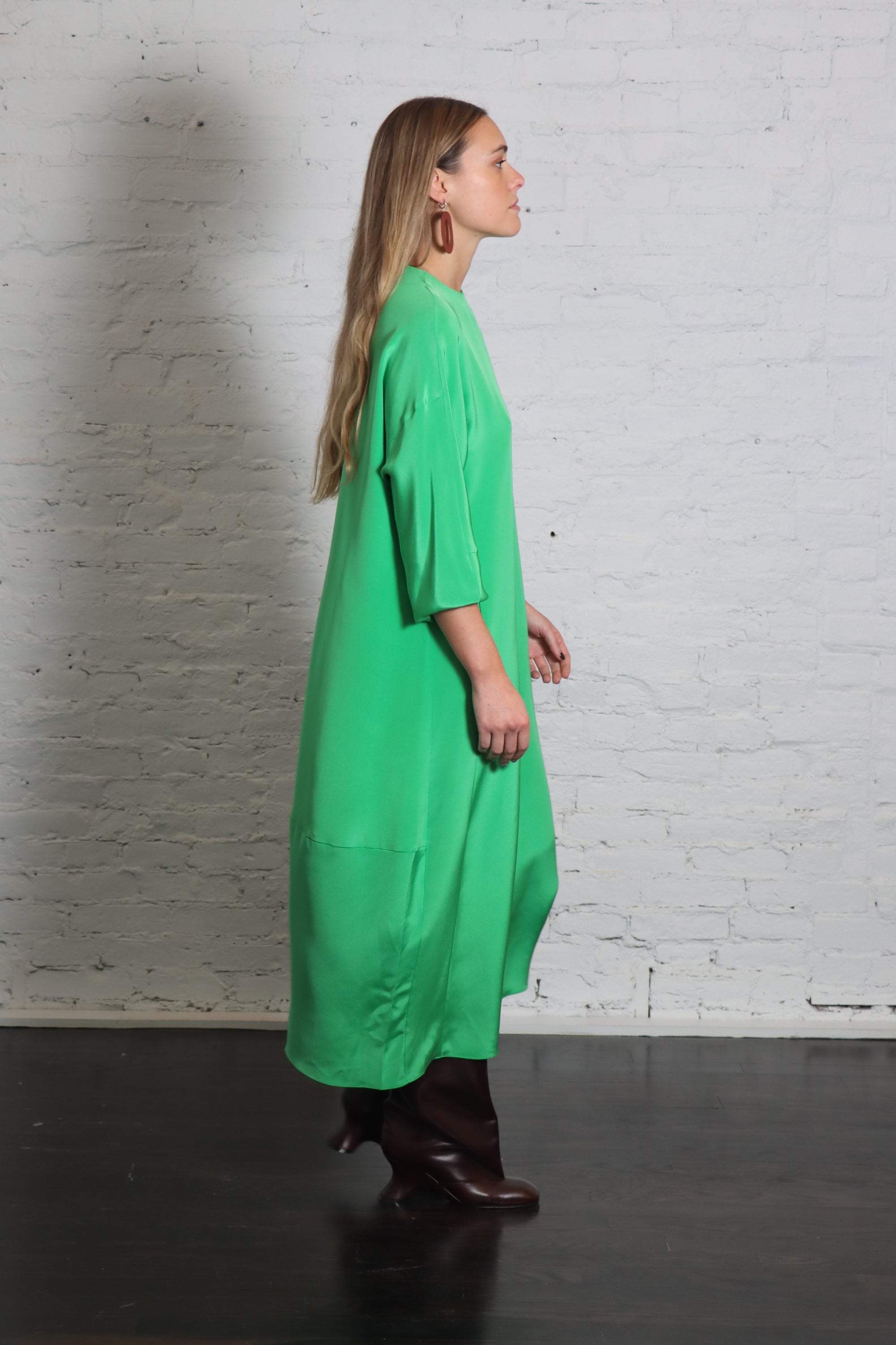 4 Ply Silk Long Sleeve Cocoon Dress in Green by Tibi-Dresses-Tibi-Idlewild