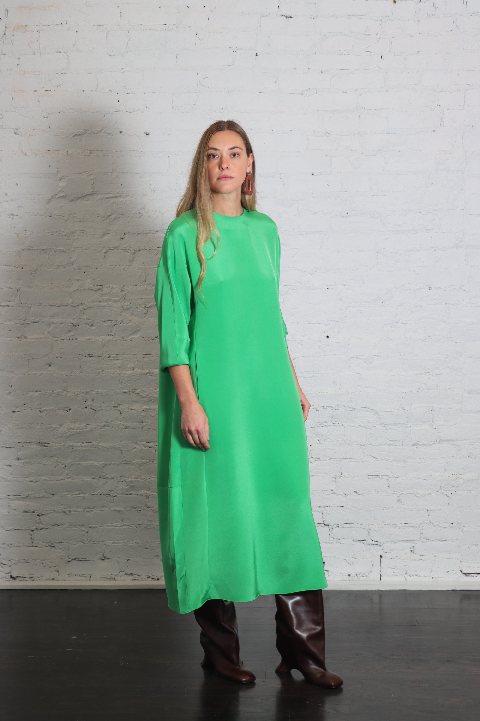 4 Ply Silk Long Sleeve Cocoon Dress in Green by Tibi-Dresses-Tibi-Idlewild