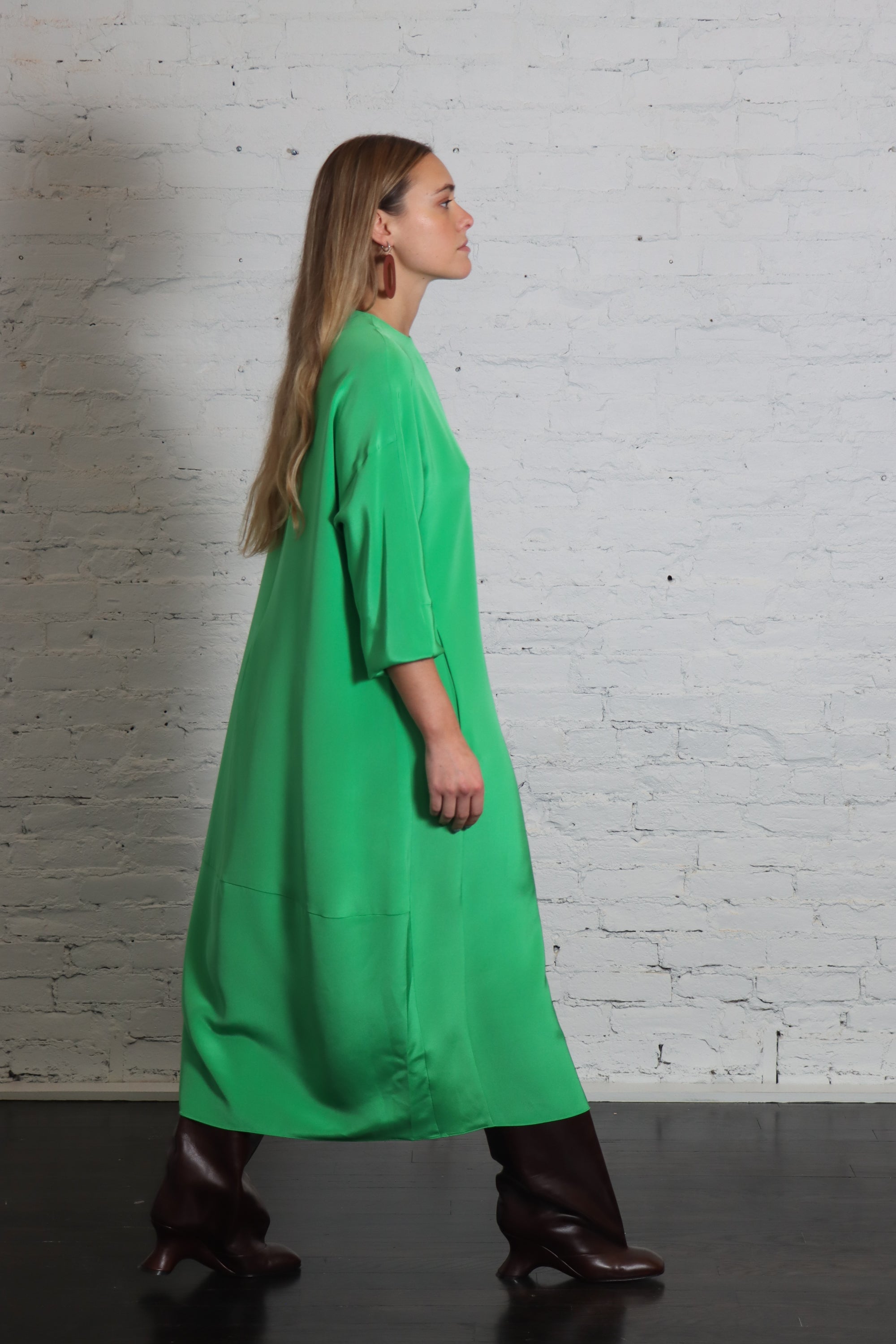 4 Ply Silk Long Sleeve Cocoon Dress in Green by Tibi-Dresses-Tibi-Idlewild