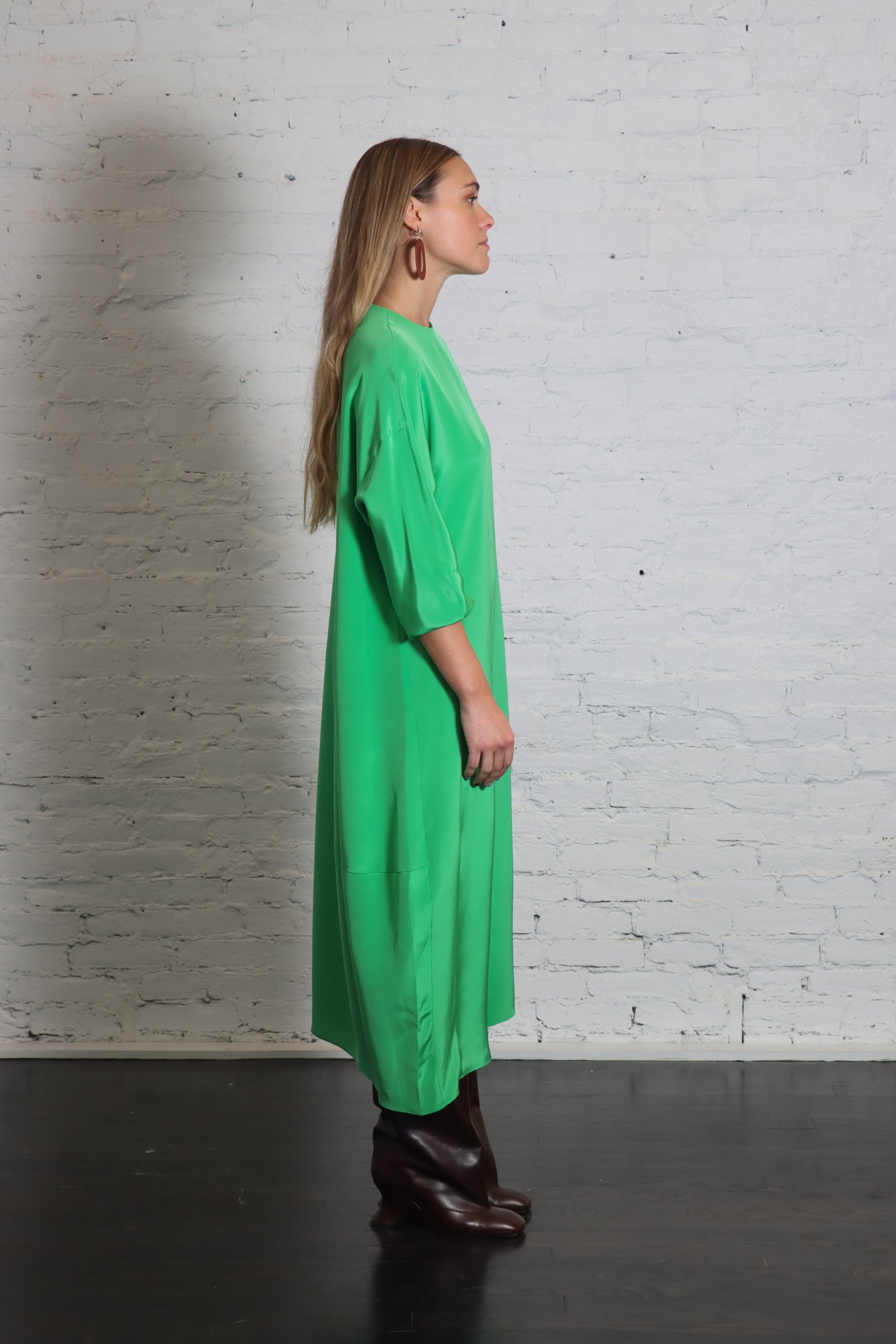 4 Ply Silk Long Sleeve Cocoon Dress in Green by Tibi-Dresses-Tibi-Idlewild