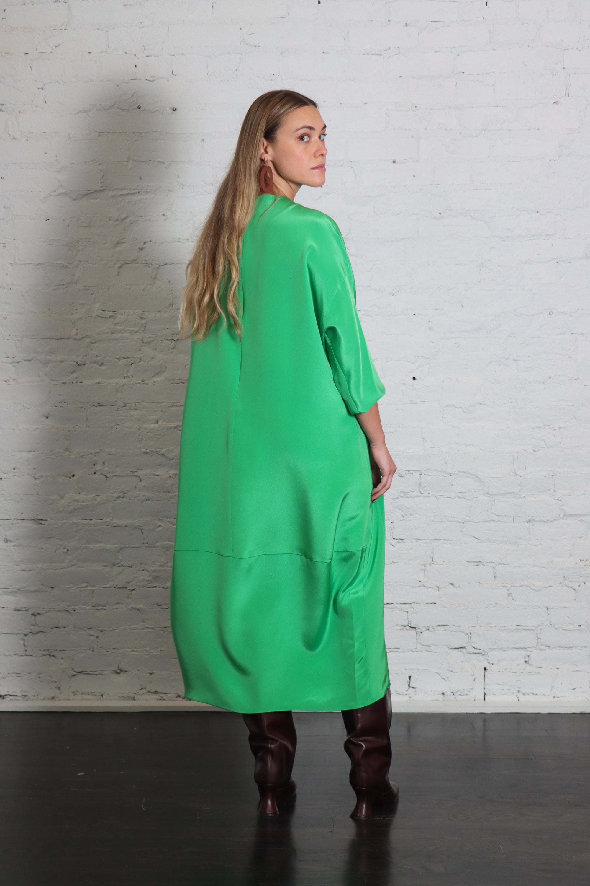 4 Ply Silk Long Sleeve Cocoon Dress in Green by Tibi-Dresses-Tibi-Idlewild