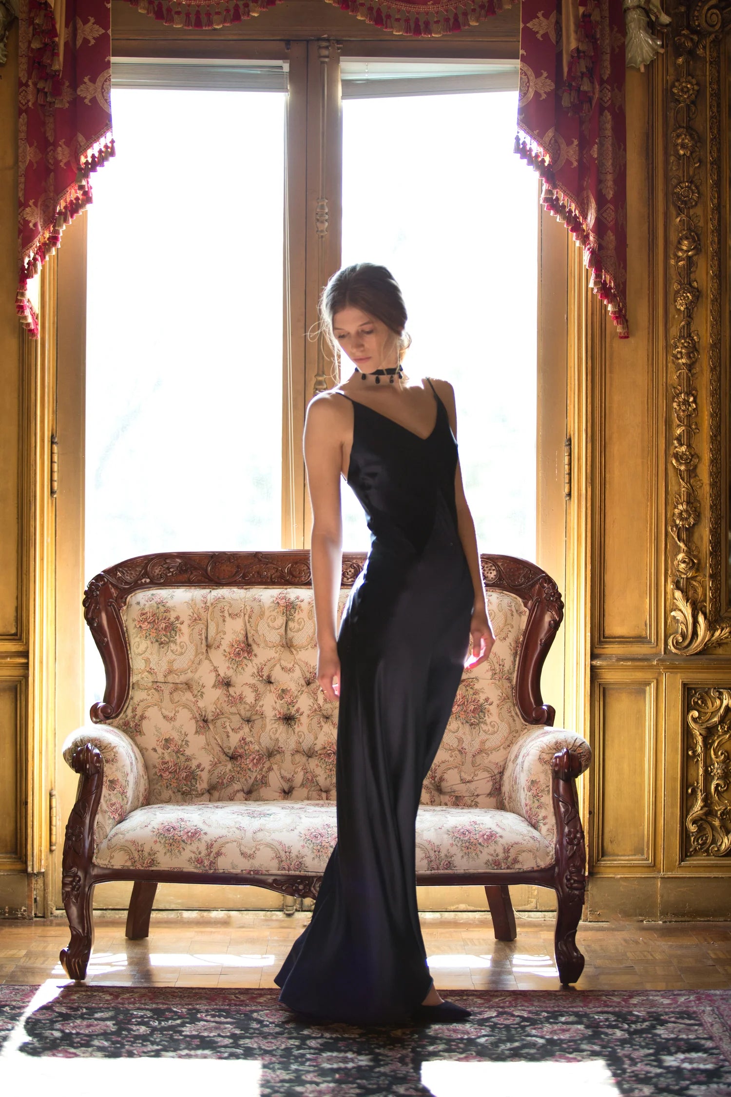 Silk Slip Gown in Navy by Calle Evans