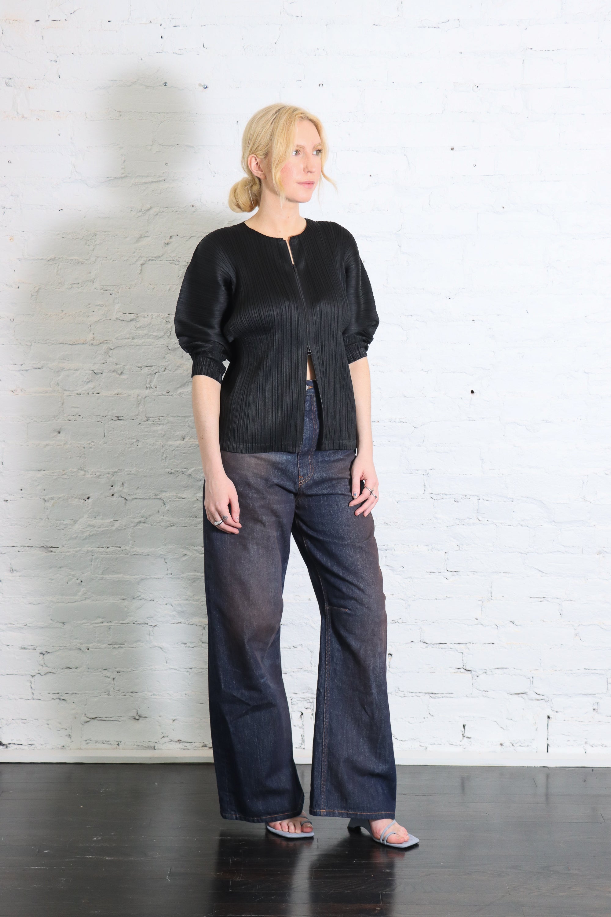 April Monthly Colors Zip-up Cardigan in Black by Pleats Please