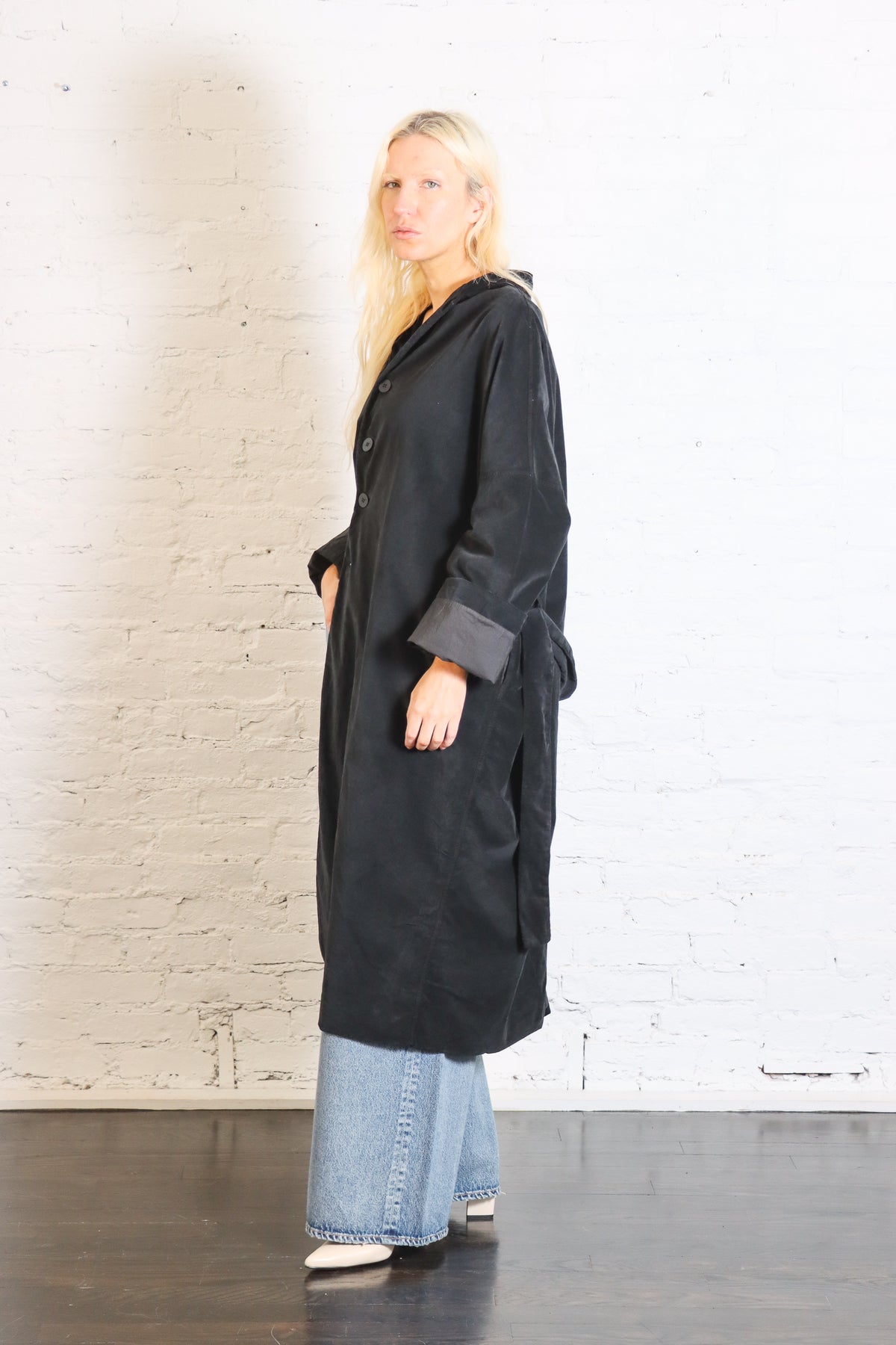 Belted Loose Coat in Black Velvet by Album Di Famiglia-Album Di Famiglia-Idlewild-Cincinnati