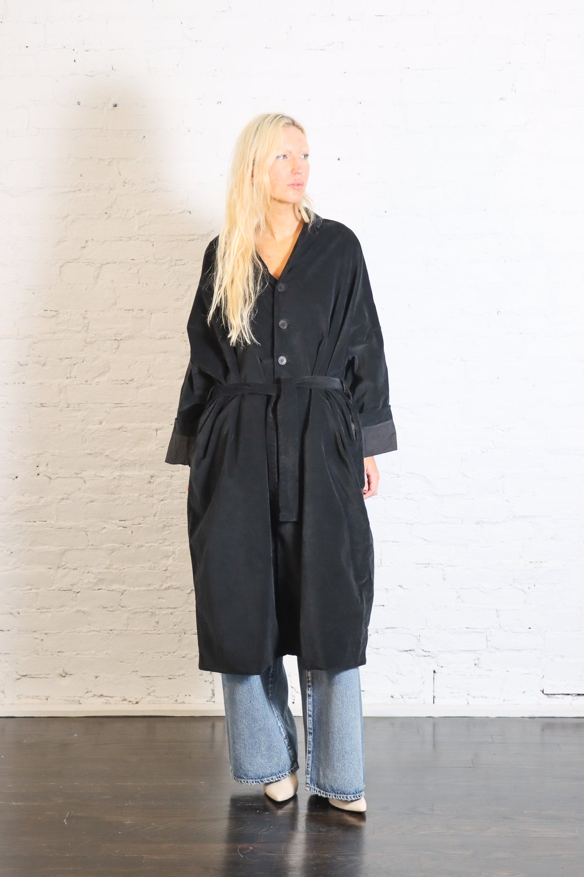 Belted Loose Coat in Black Velvet by Album Di Famiglia-Album Di Famiglia-Idlewild-Cincinnati
