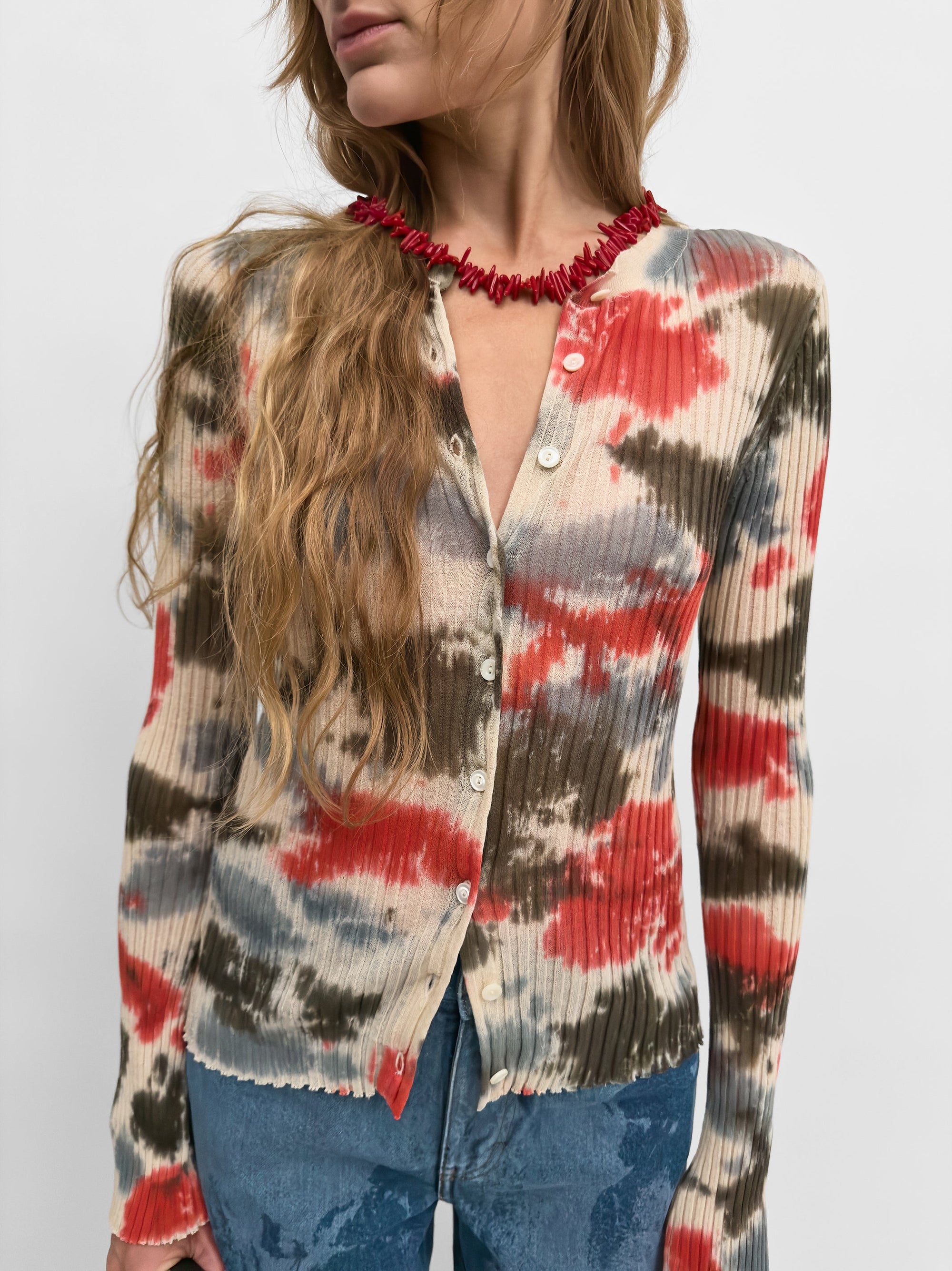 Cardi Tie Dye Cardigan in Red Multi by Rodebjer-Tops-Rodebjer-Idlewild