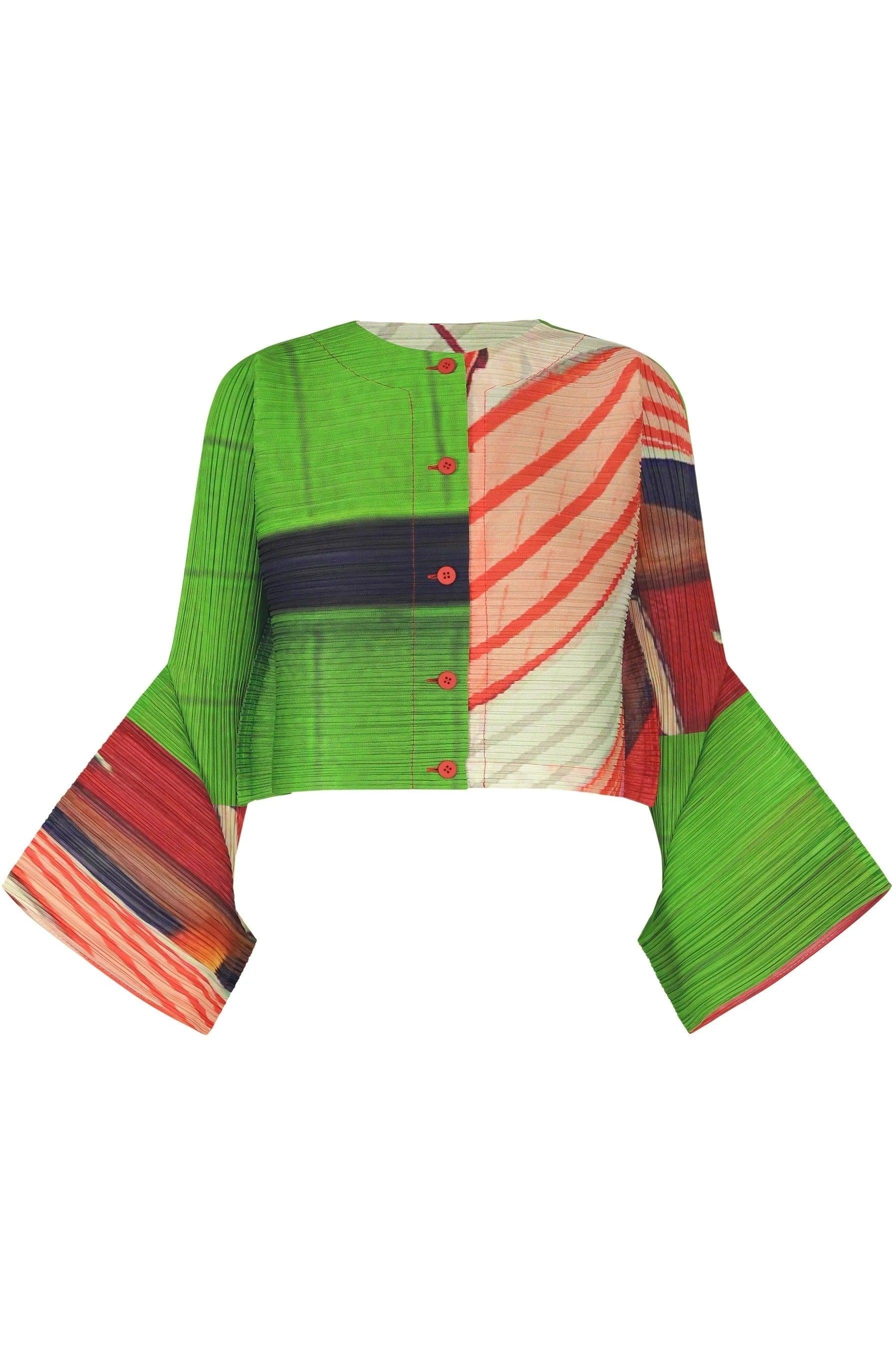 City Collage Cardigan in Red Green by Pleats Please Issey Miyake-Tops-Pleats Please Issey Miyake-Idlewild