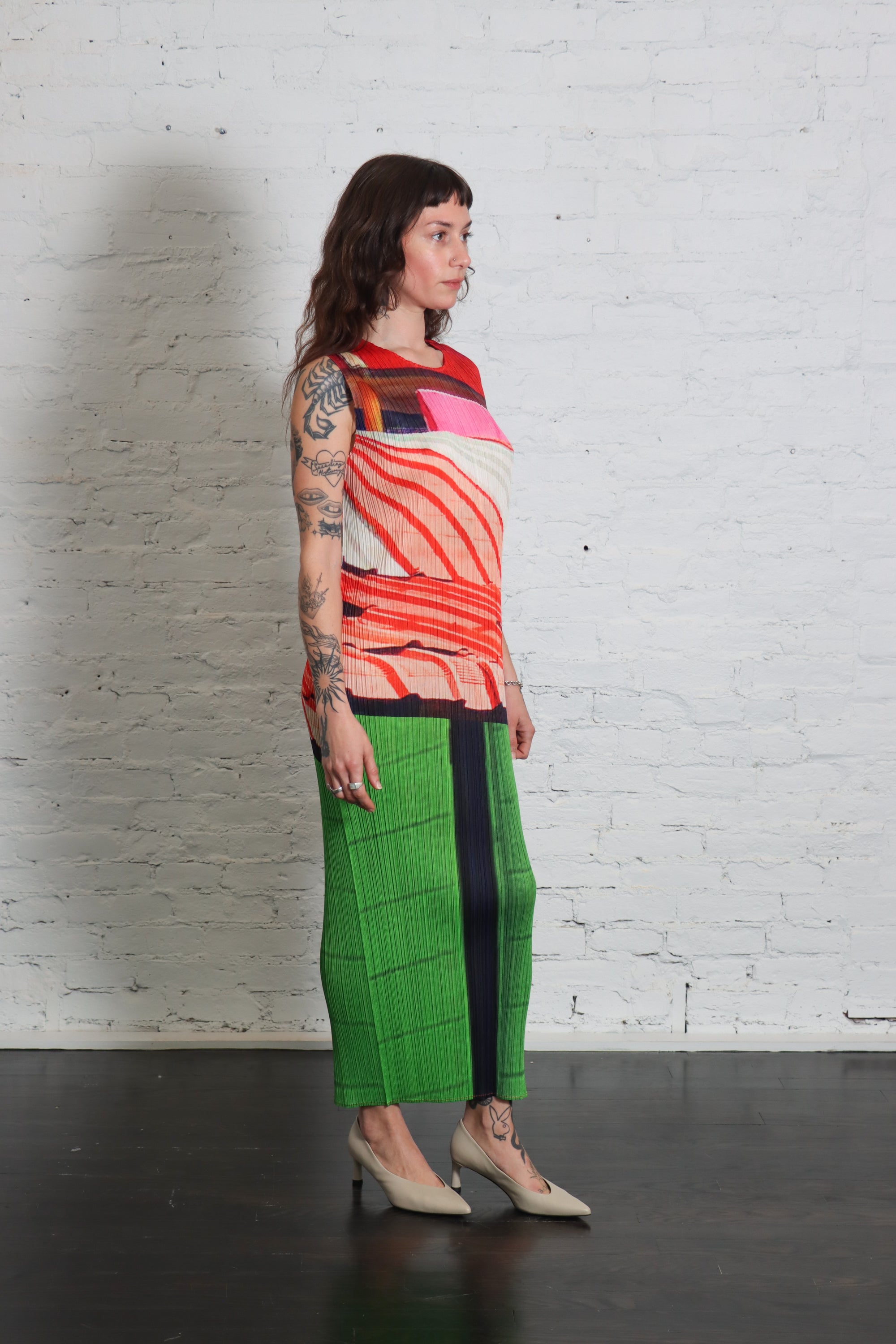 City Collage Dress in Red Green by Pleats Please Issey Miyake-Dresses-Pleats Please Issey Miyake-Idlewild