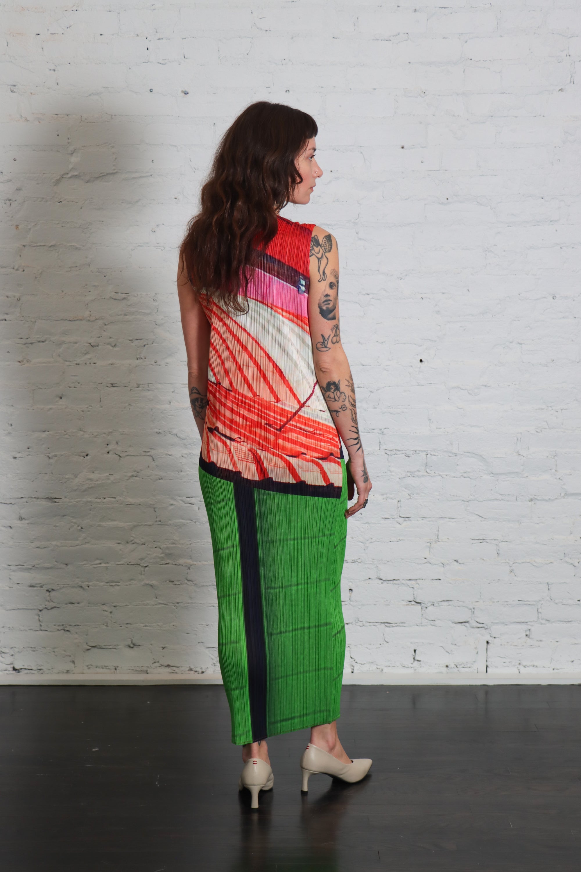 City Collage Dress in Red Green by Pleats Please Issey Miyake-Dresses-Pleats Please Issey Miyake-Idlewild