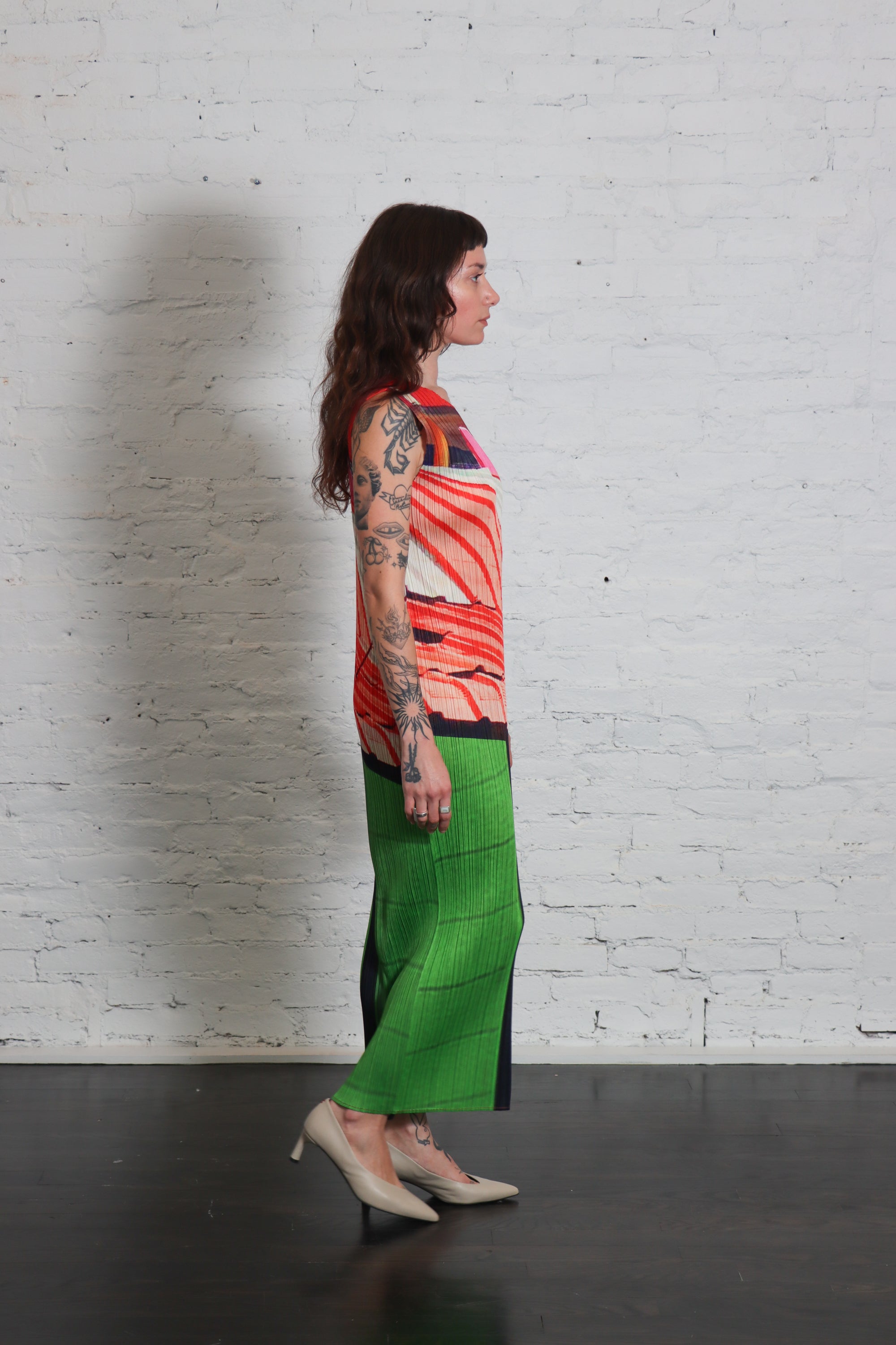 City Collage Dress in Red Green by Pleats Please Issey Miyake-Dresses-Pleats Please Issey Miyake-Idlewild