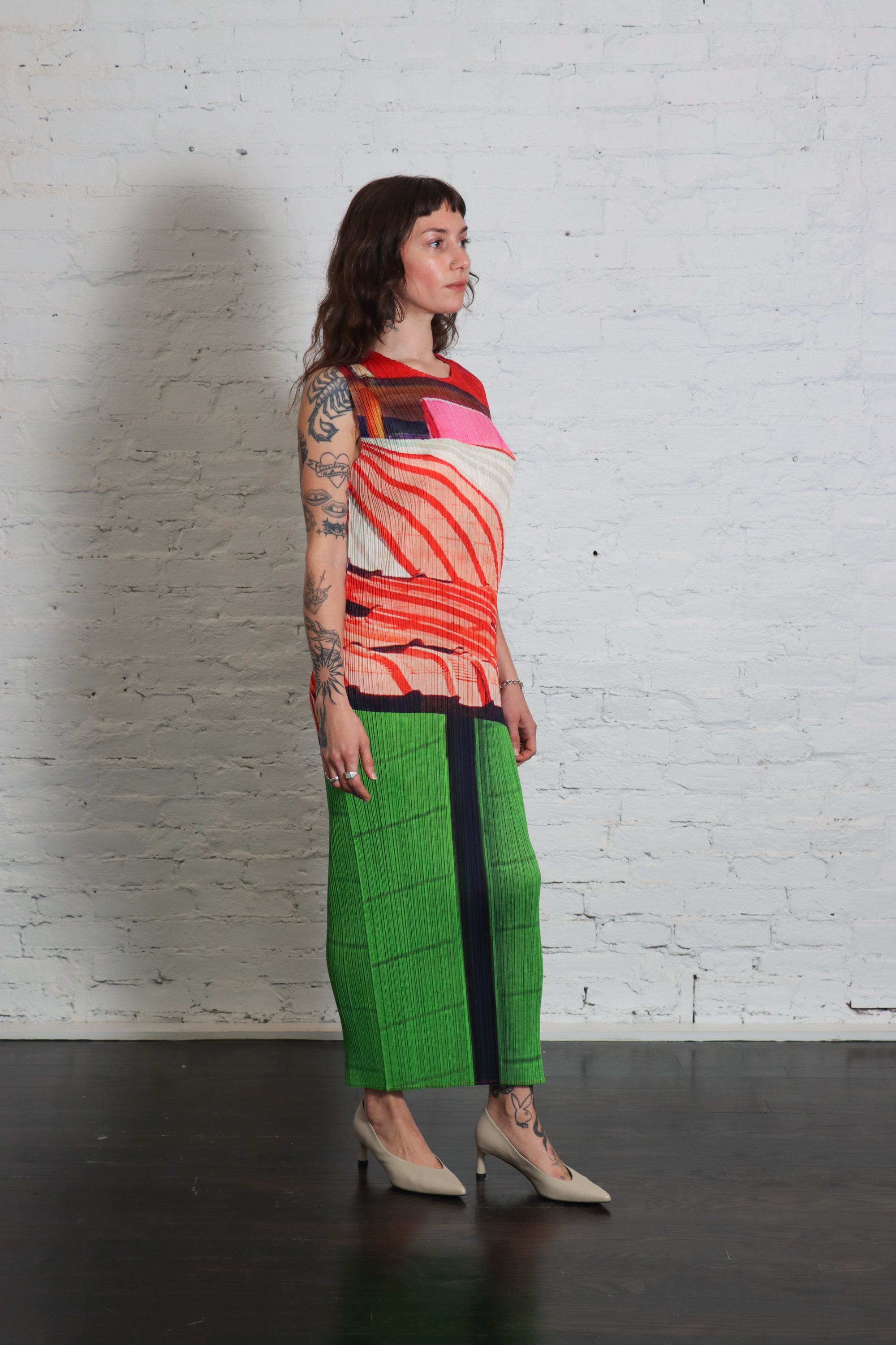 City Collage Dress in Red Green by Pleats Please Issey Miyake-Dresses-Pleats Please Issey Miyake-Idlewild