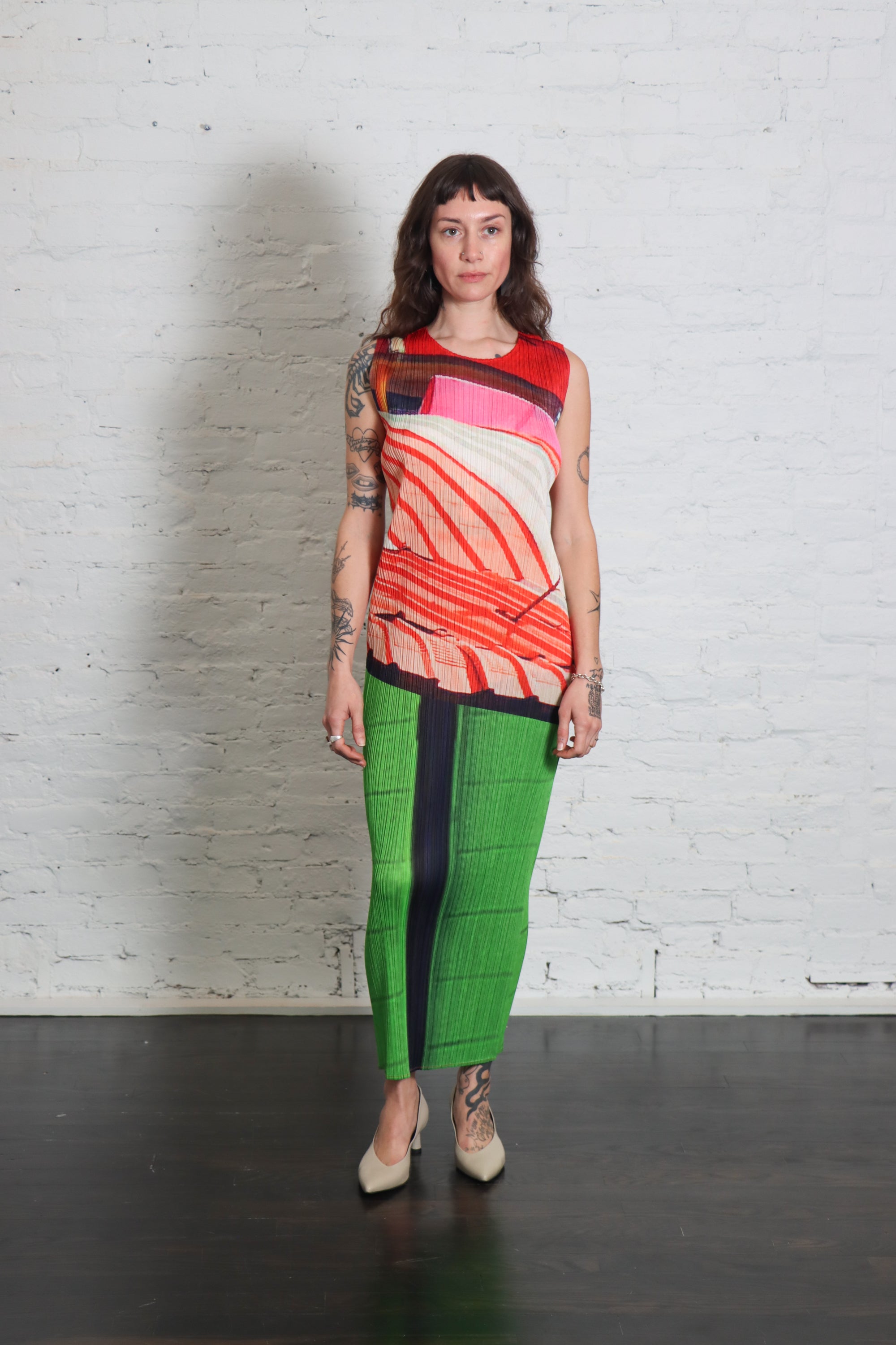 City Collage Dress in Red Green by Pleats Please Issey Miyake-Dresses-Pleats Please Issey Miyake-Idlewild