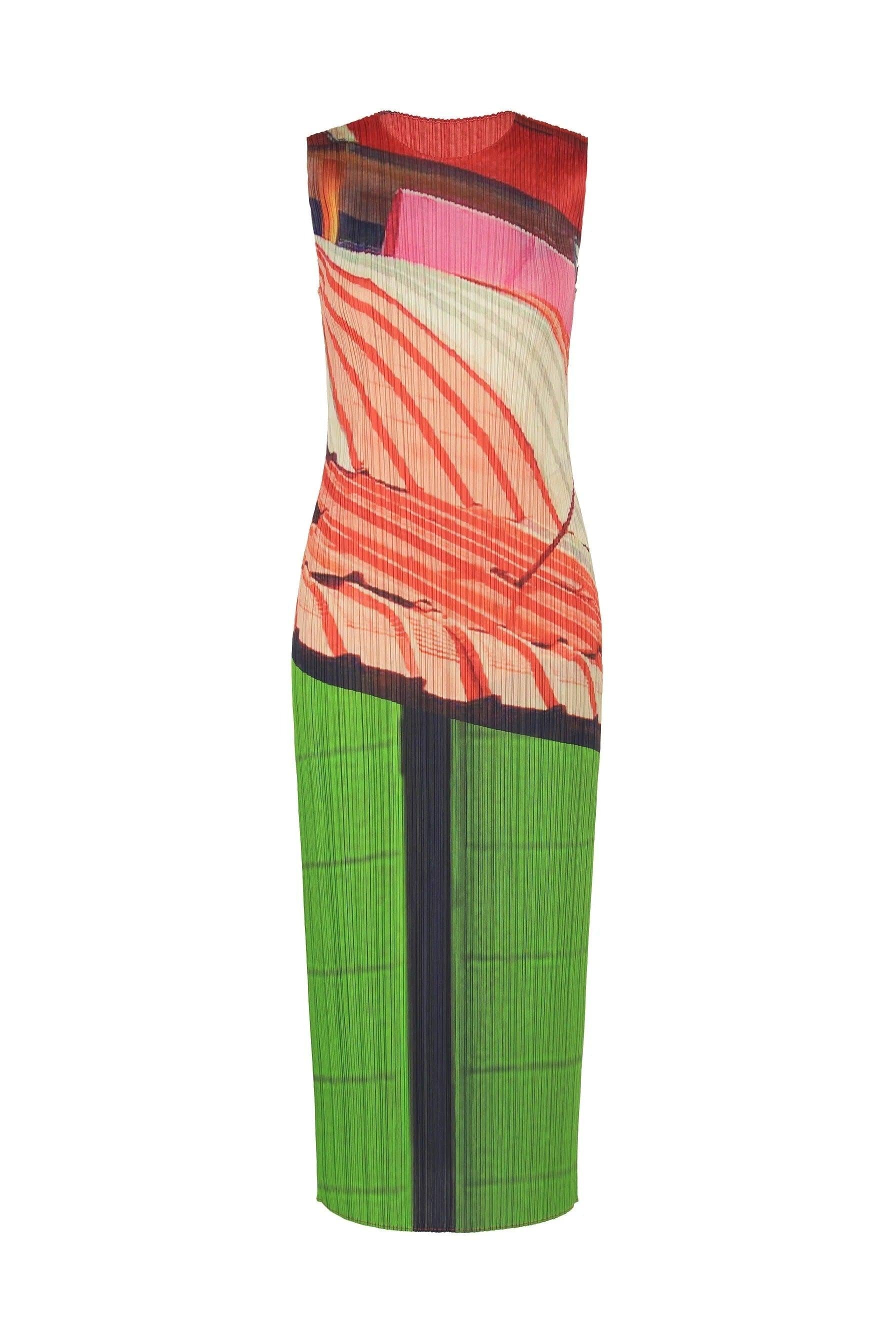 City Collage Dress in Red Green by Pleats Please Issey Miyake-Dresses-Pleats Please Issey Miyake-Idlewild