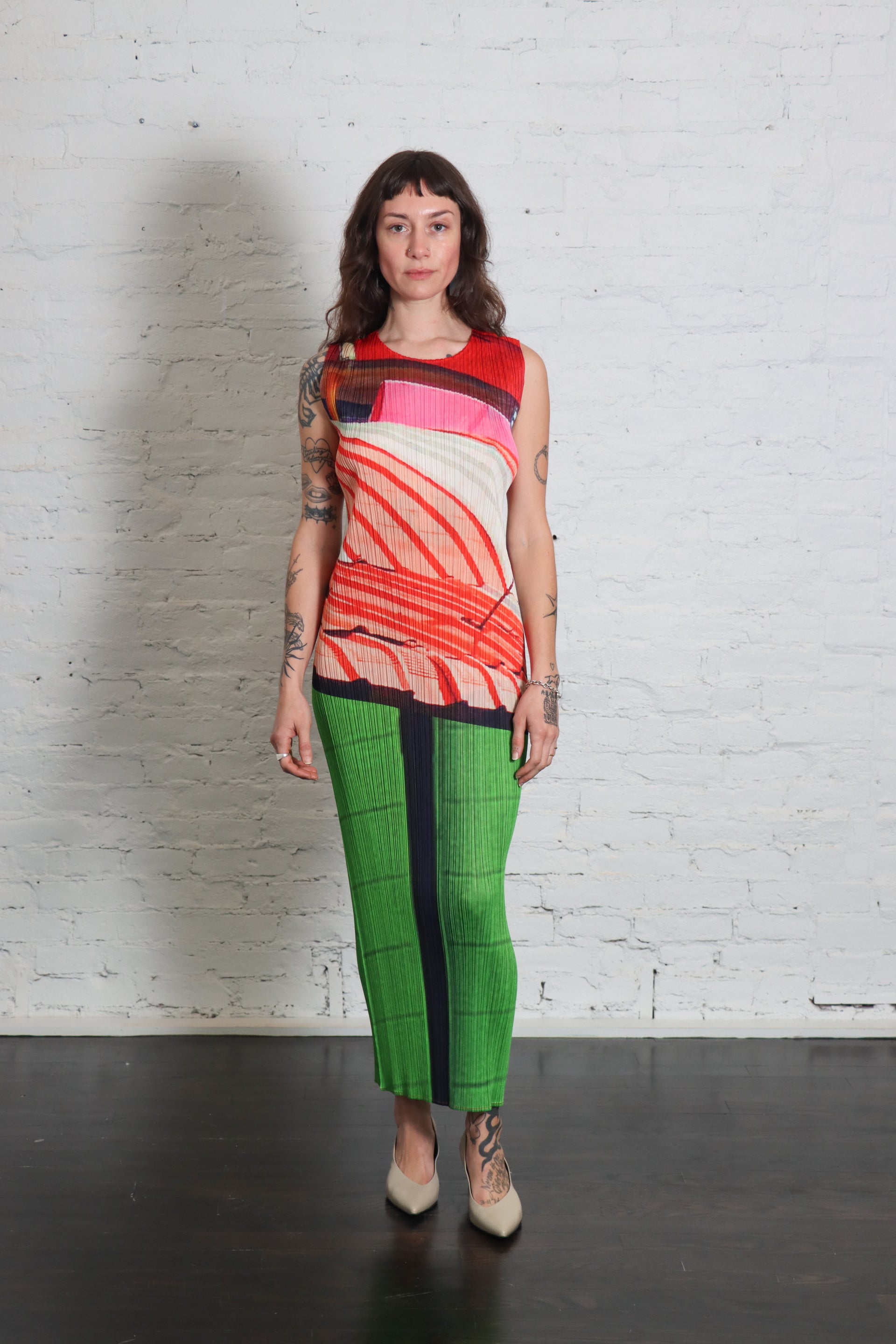 City Collage Dress in Red Green by Pleats Please Issey Miyake Idlewild City Collage Dress in Red Green by Pleats Please Issey Miyake Idlewild