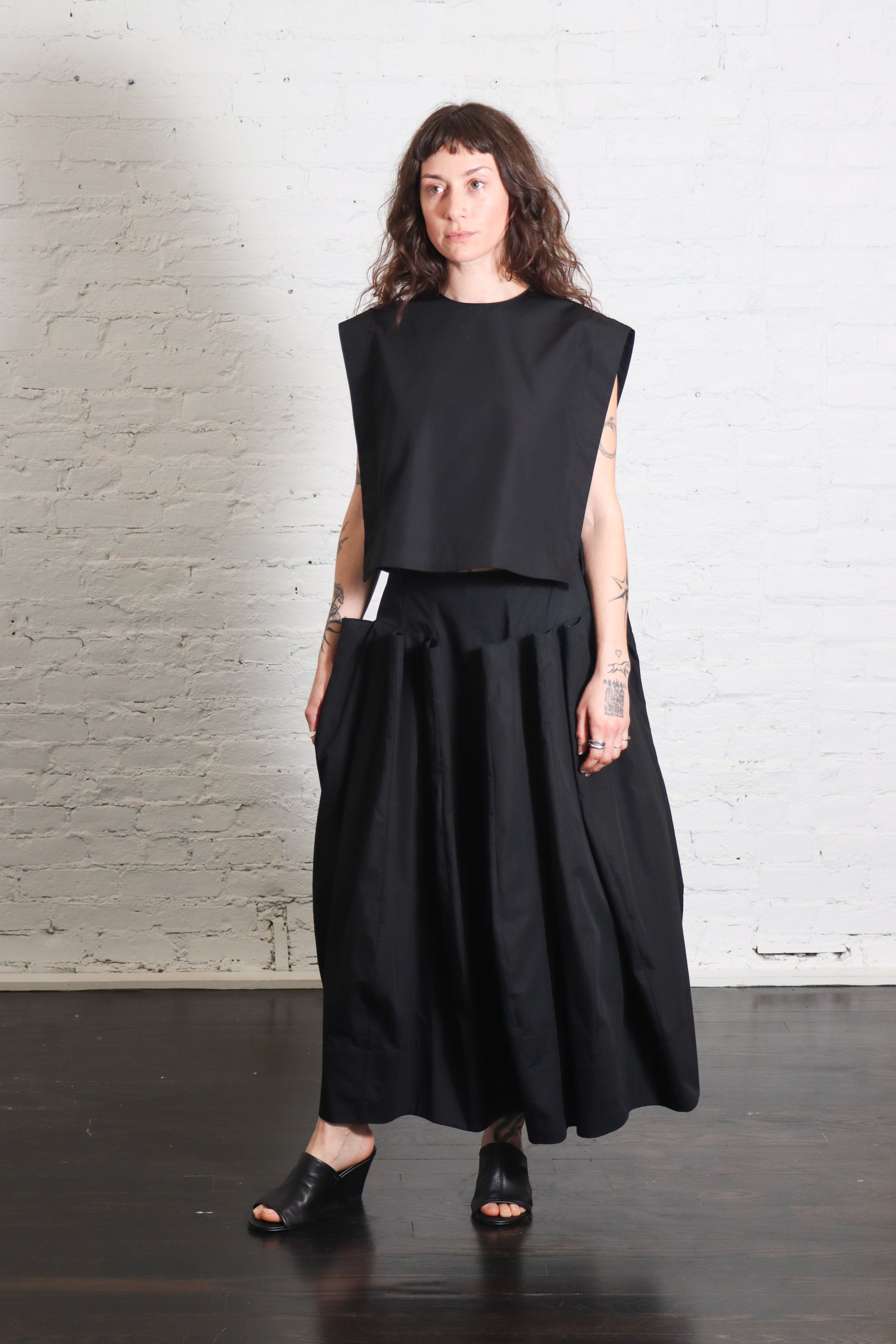 Compact Eco Poplin Cropped Square Top in Black by Tibi-Tops-Tibi-Idlewild