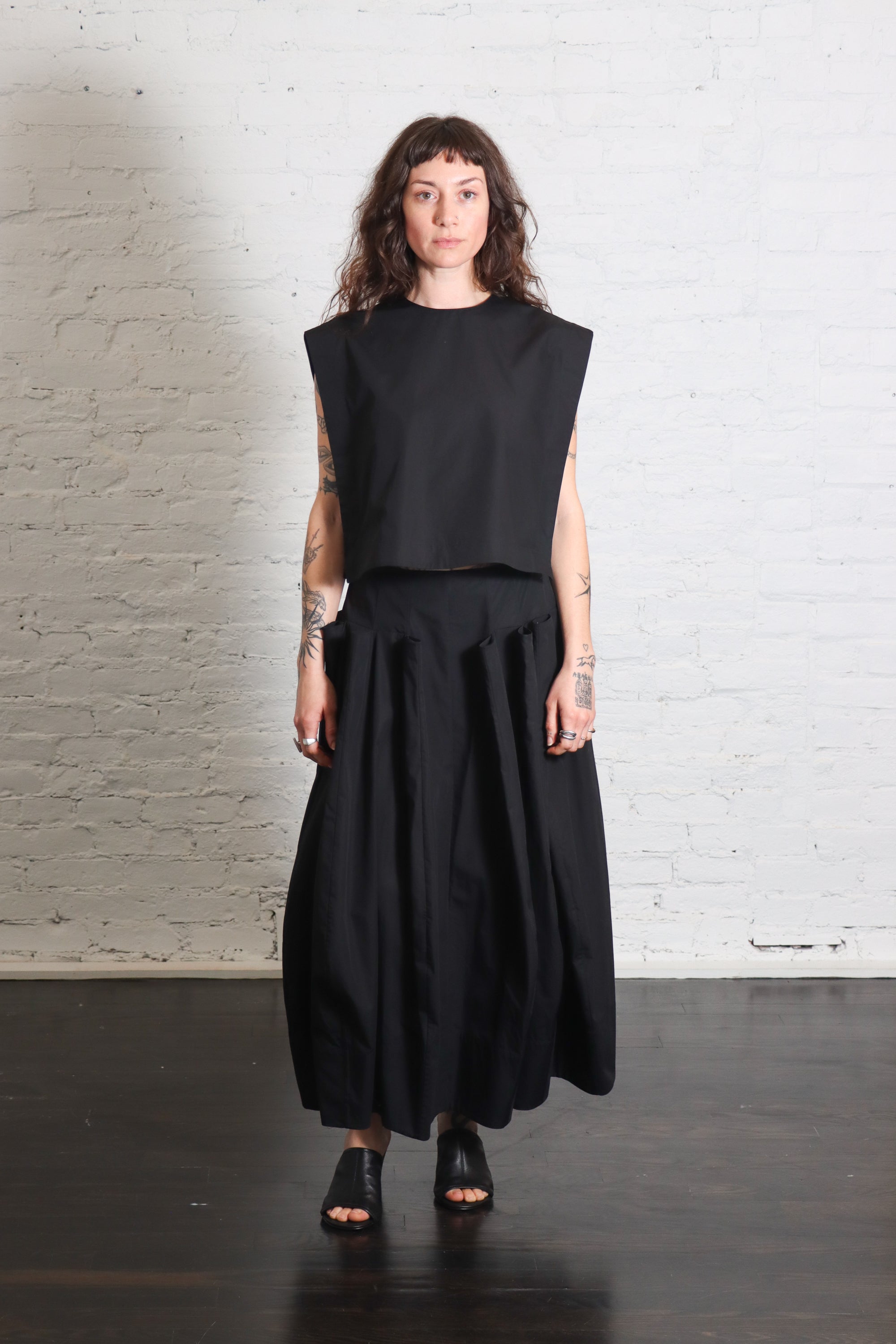 Compact Eco Poplin Cropped Square Top in Black by Tibi-Tops-Tibi-Idlewild