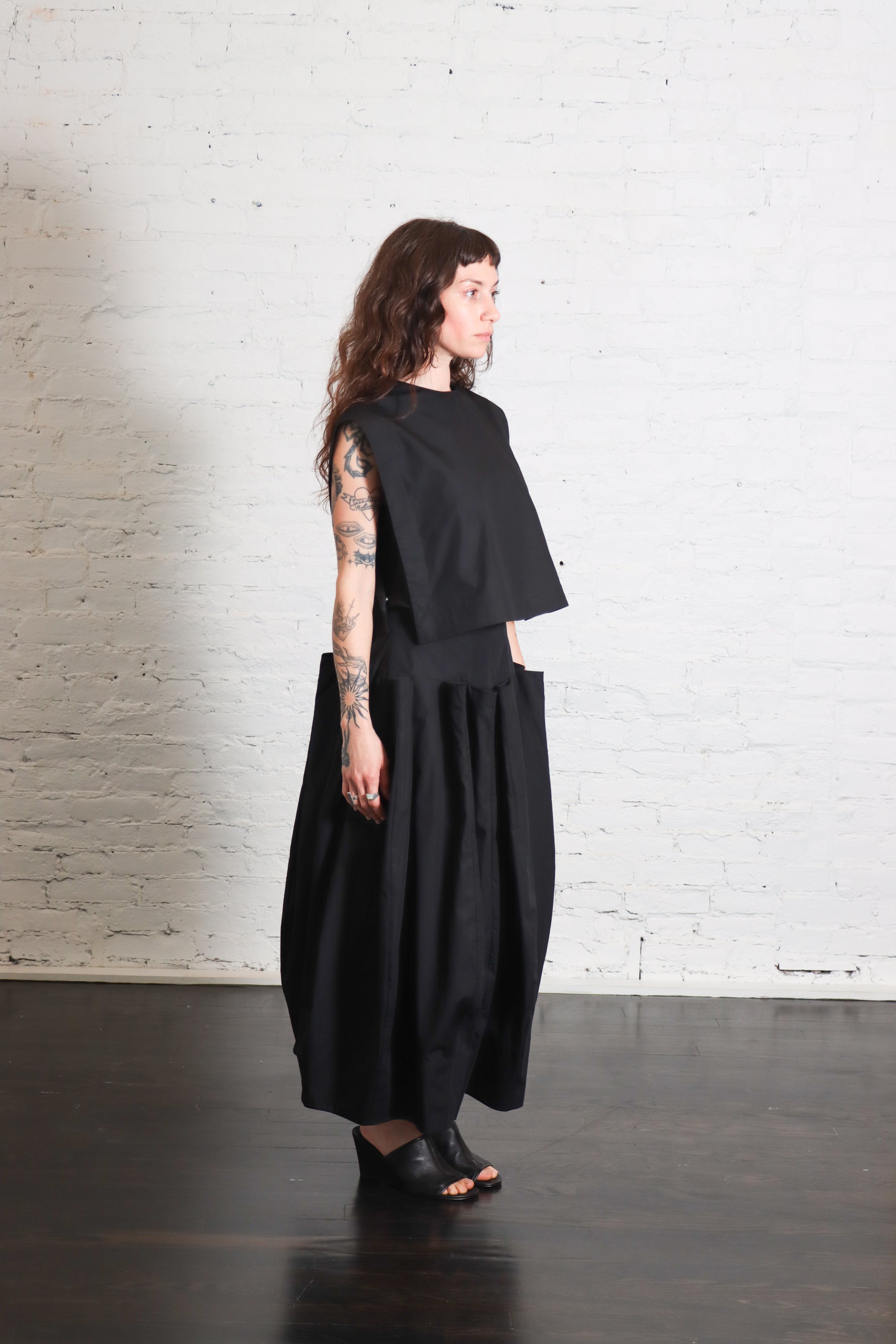 Compact Eco Poplin Pinched Pleat Full Skirt in Black by Tibi-Bottoms-Tibi-Idlewild