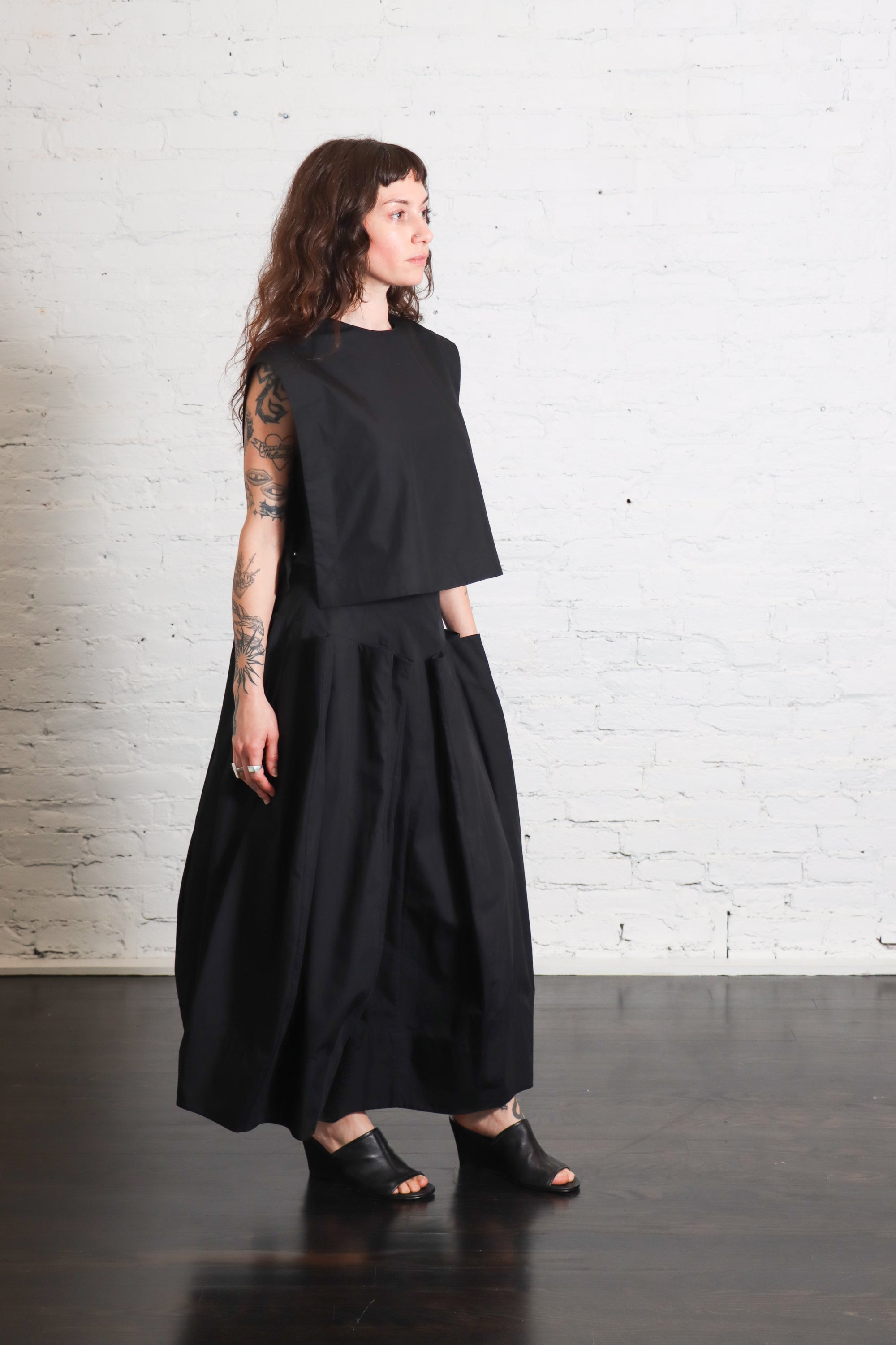 Compact Eco Poplin Pinched Pleat Full Skirt in Black by Tibi-Bottoms-Tibi-Idlewild