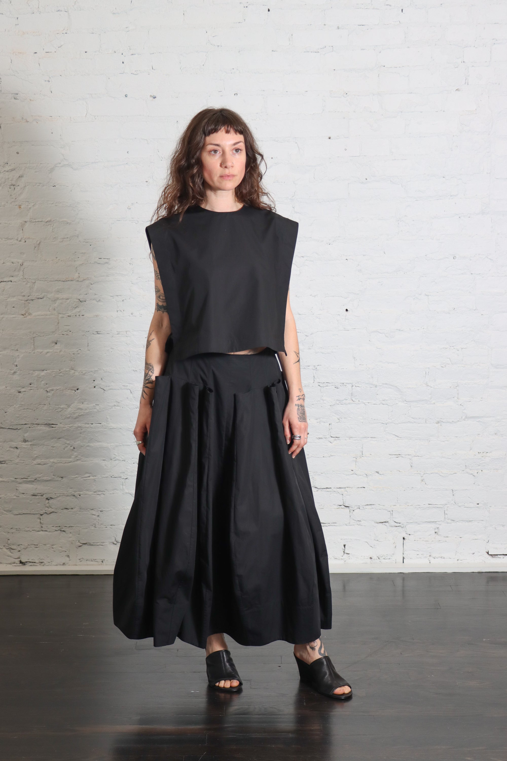 Compact Eco Poplin Pinched Pleat Full Skirt in Black by Tibi-Bottoms-Tibi-Idlewild