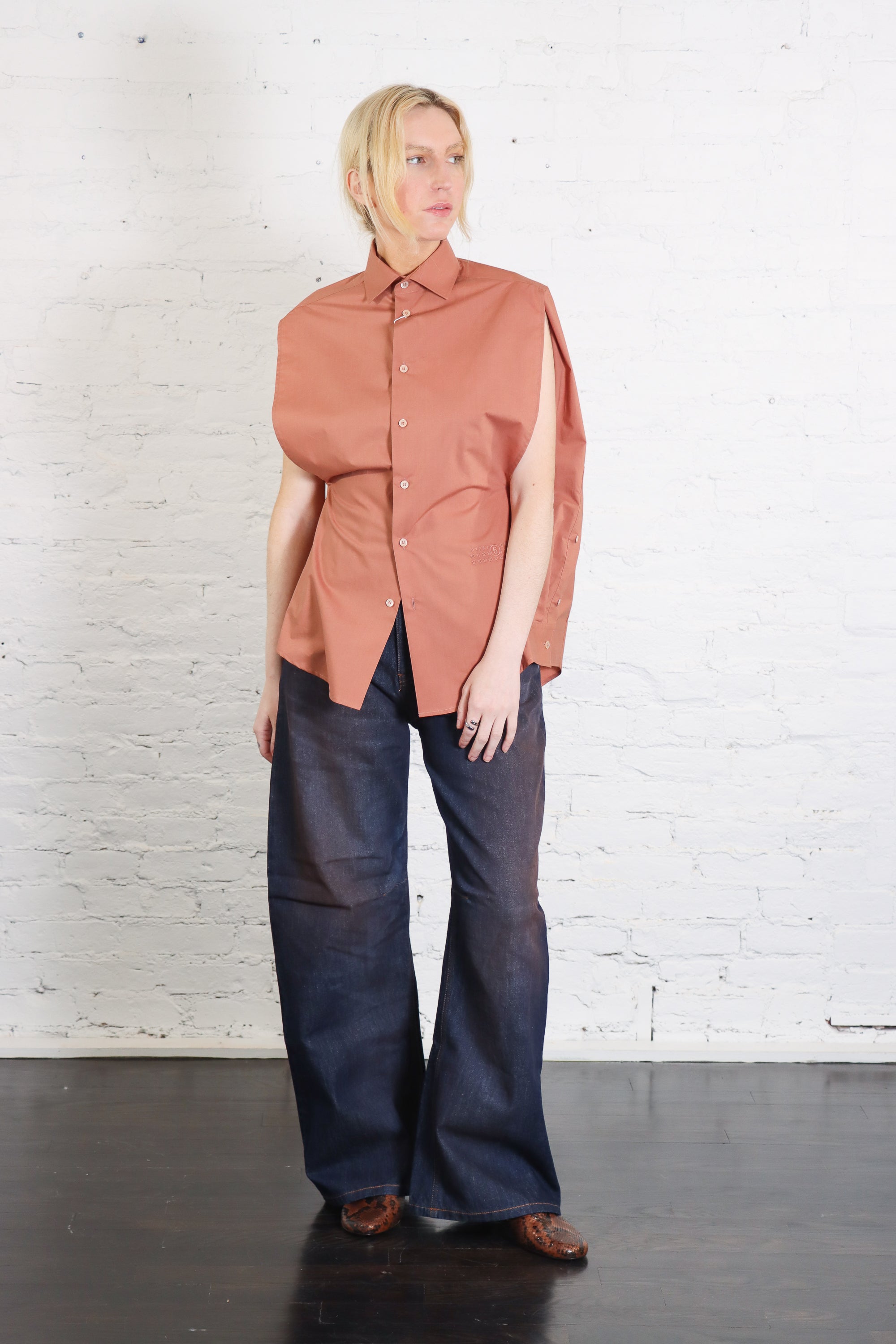 Cotton Poplin Shirt in Terracotta Red by MM6 Maison Margiela