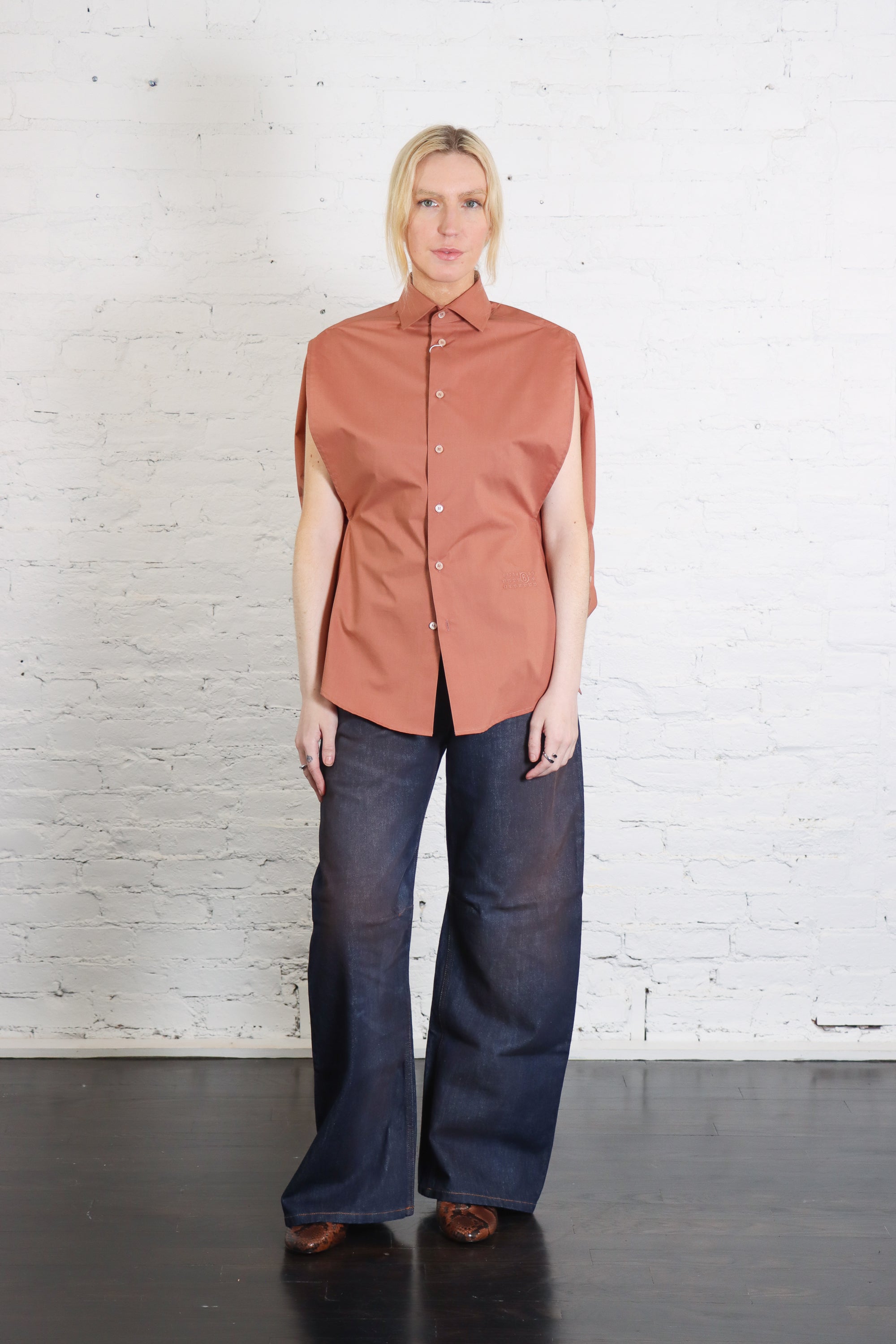 Cotton Poplin Shirt in Terracotta Red by MM6 Maison Margiela