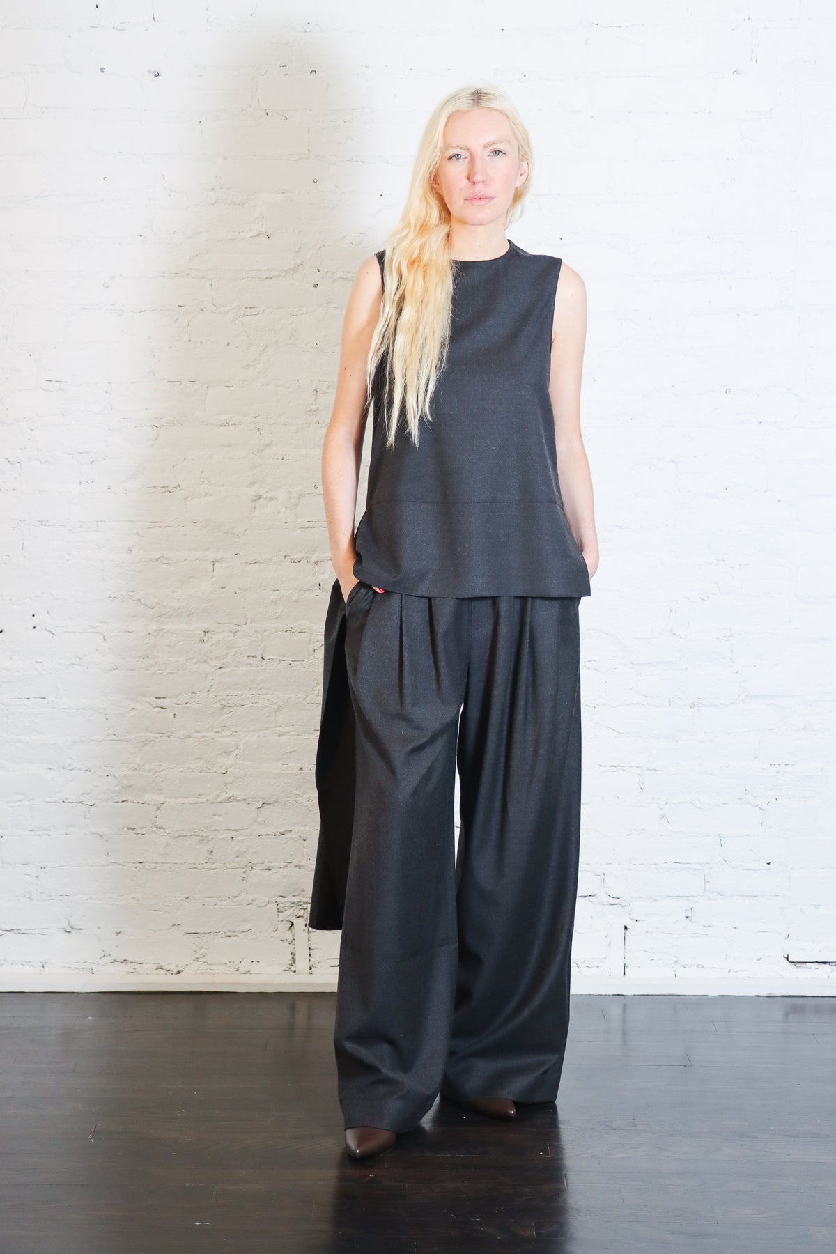 Cozy Flannel Asymmetrical Sleeveless Top in Dark Heather Grey by Tibi-Tibi-Idlewild-Cincinnati