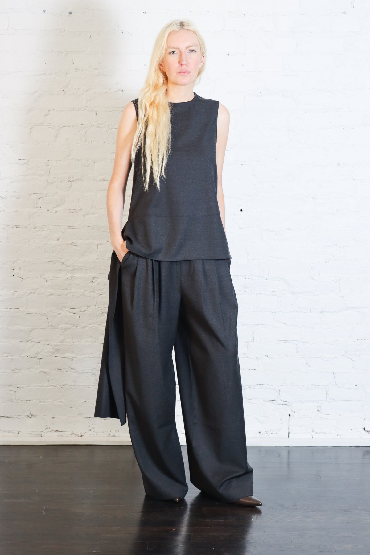 Cozy Flannel Asymmetrical Sleeveless Top in Dark Heather Grey by Tibi-Tibi-Idlewild-Cincinnati