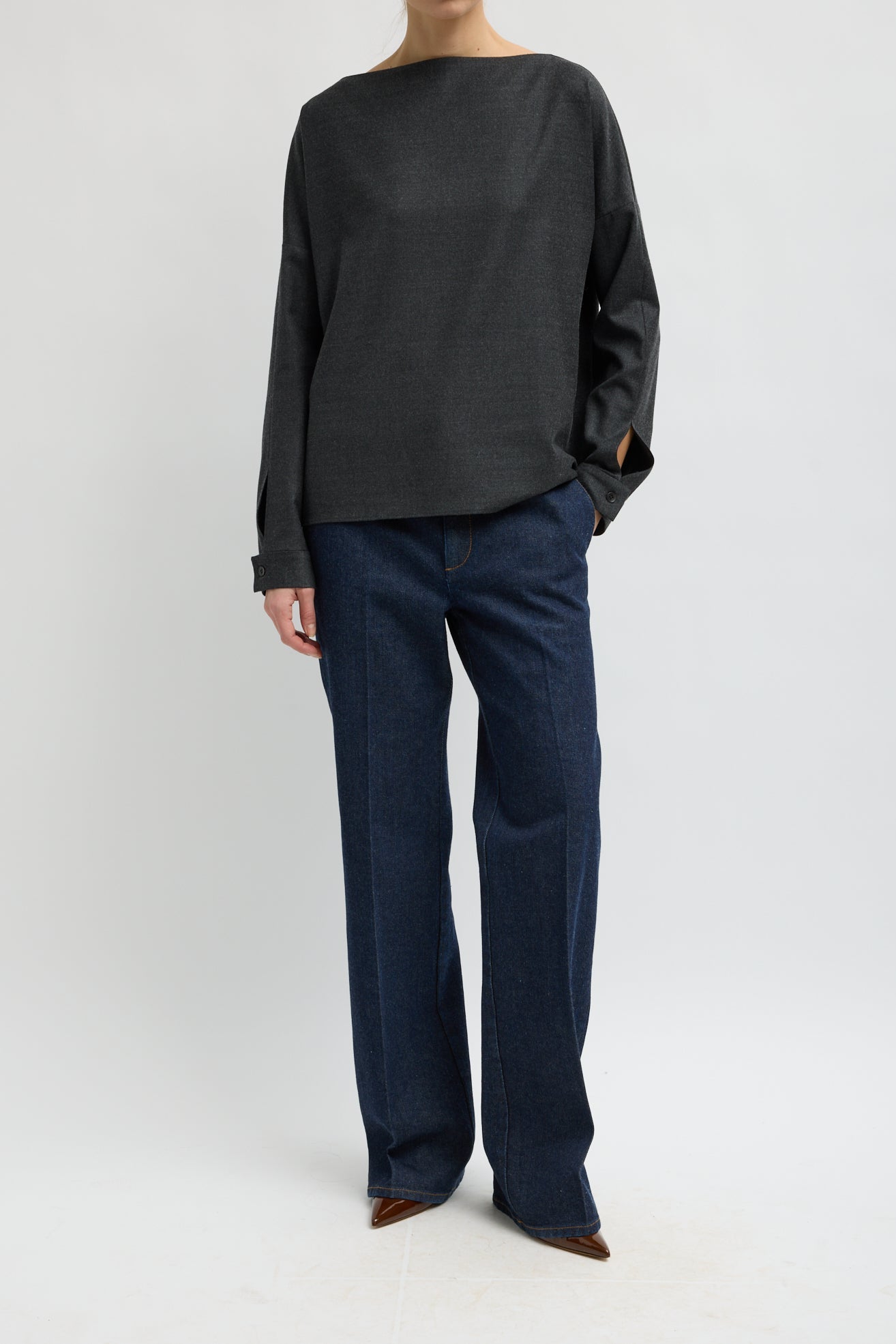 Cozy Flannel Boatneck Dolman Sleeve Top in Dark Heather Gray by Tibi-Tibi-Idlewild-Cincinnati