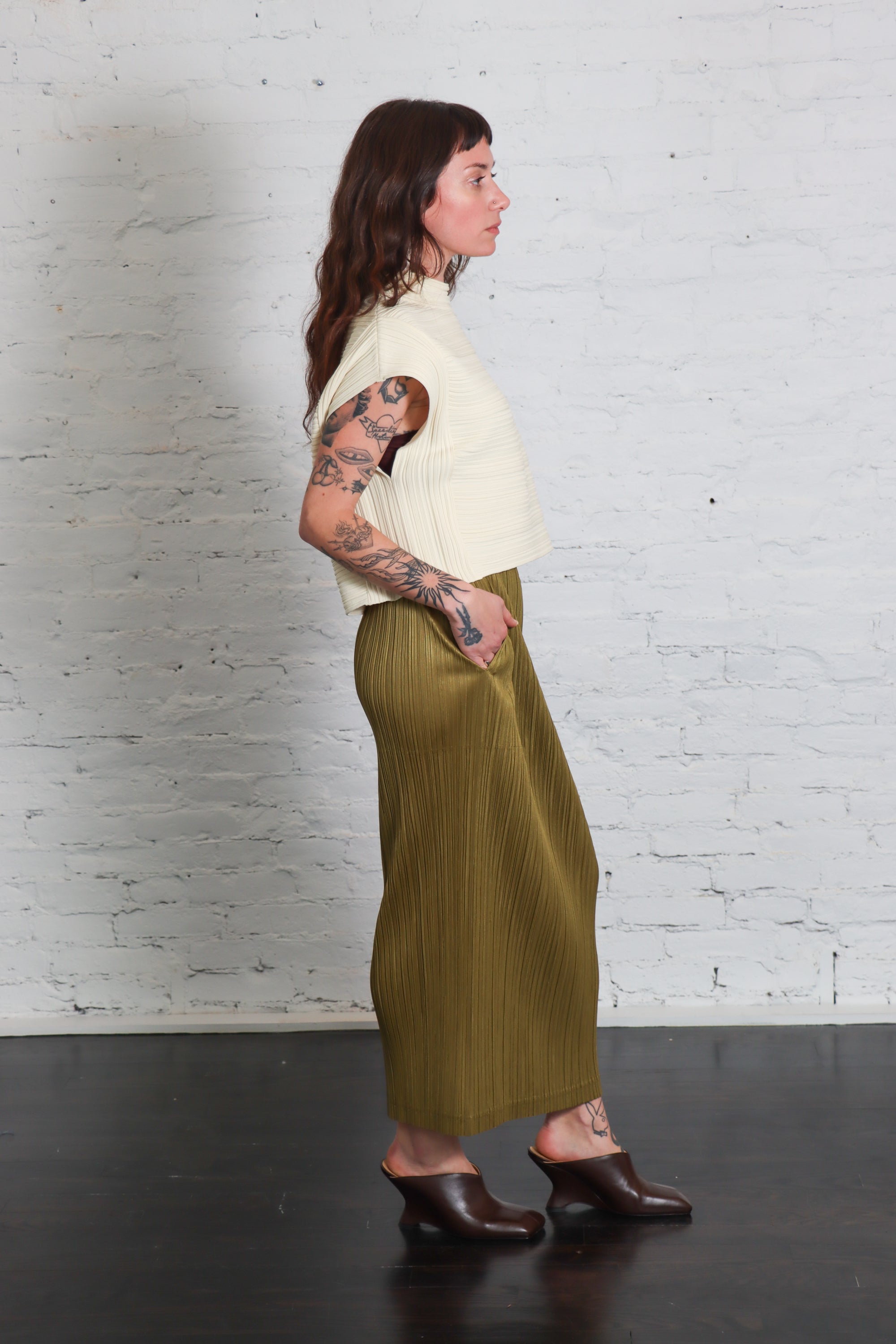 Crepe Knit Shirt in Cream Yellow by Pleats Please Issey Miyake-Tops-Pleats Please Issey Miyake-Idlewild