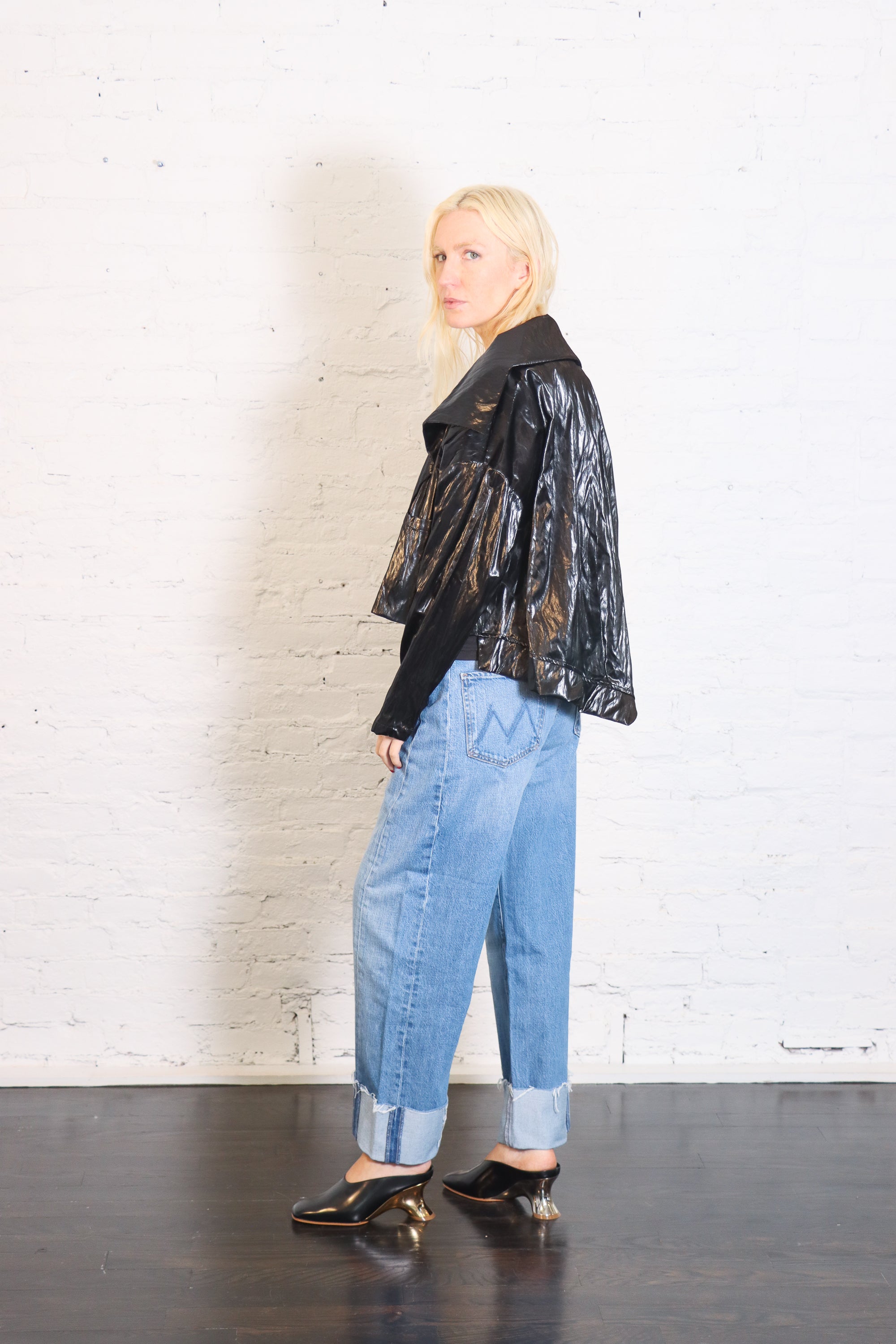 Cropped Asymmetrical Jacket in Crushed Patent Black by Planet-Planet-Idlewild-Cincinnati
