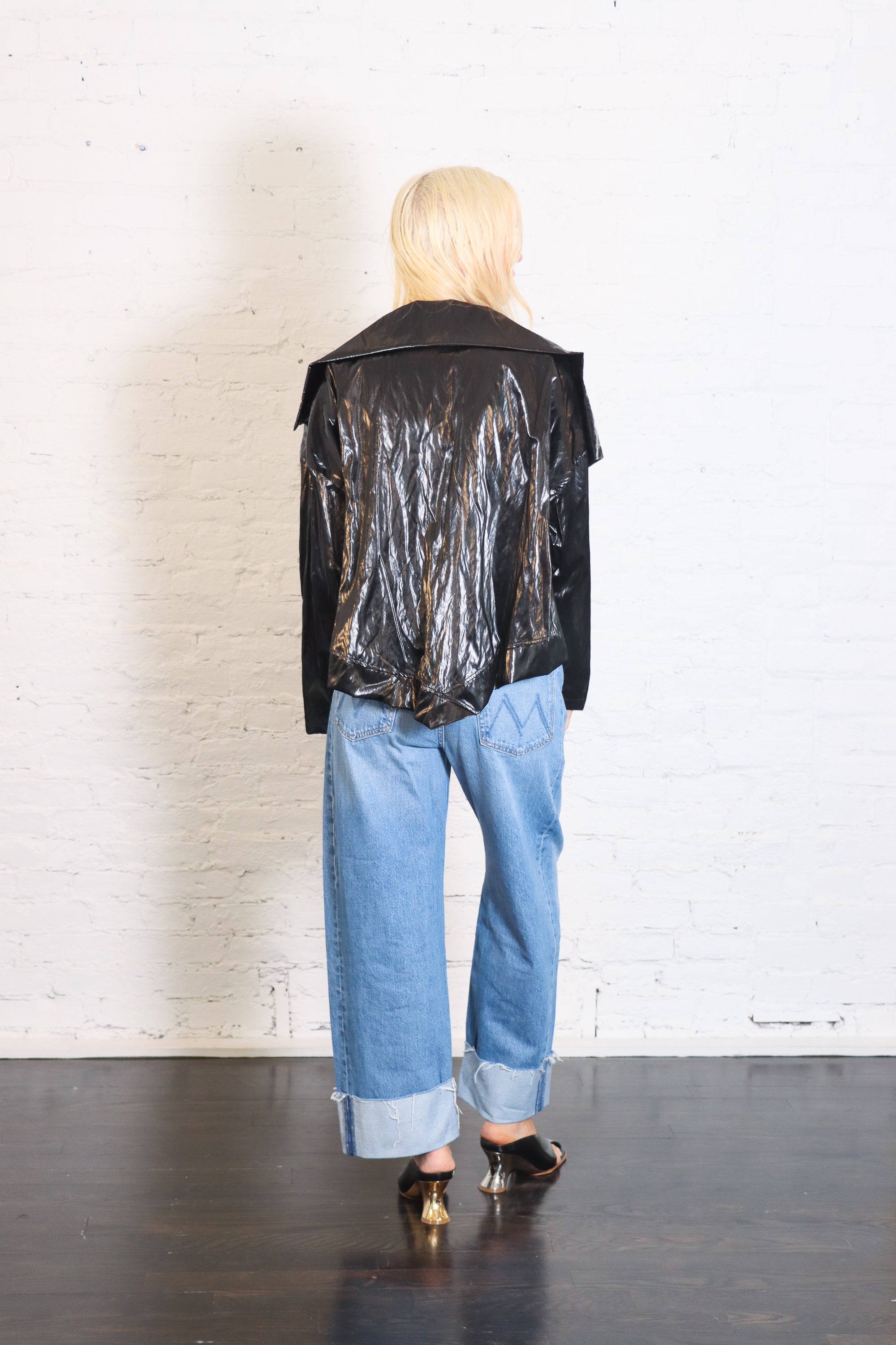 Cropped Asymmetrical Jacket in Crushed Patent Black by Planet-Planet-Idlewild-Cincinnati