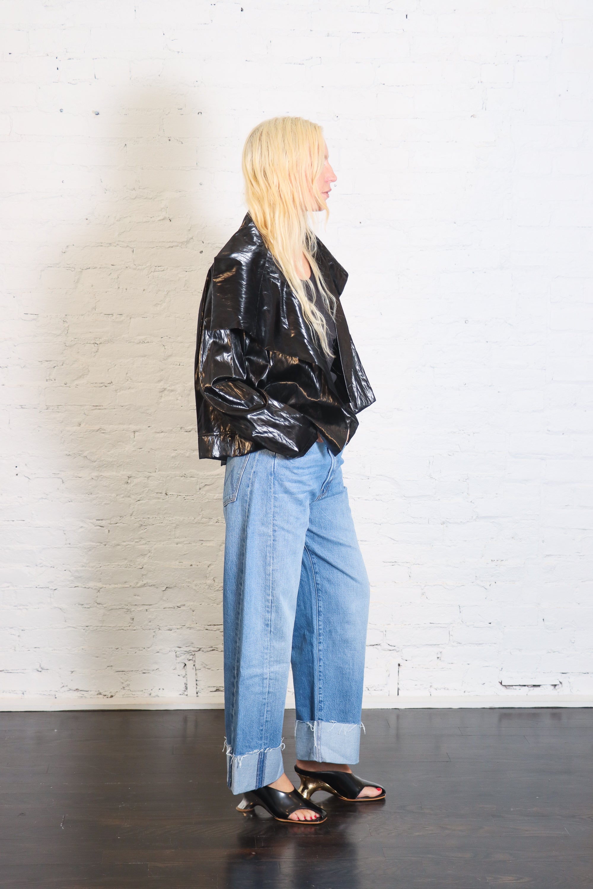 Cropped Asymmetrical Jacket in Crushed Patent Black by Planet-Planet-Idlewild-Cincinnati
