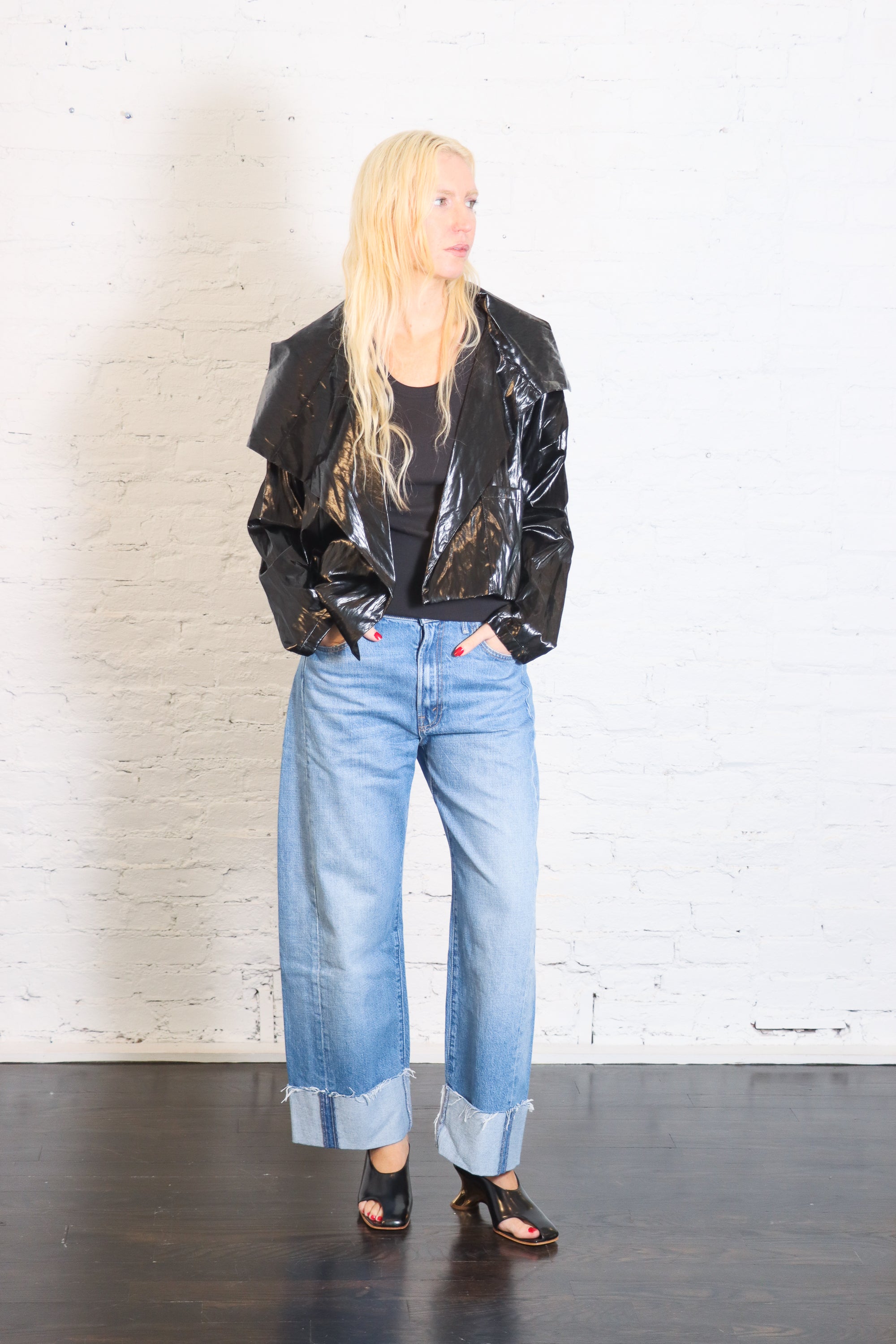 Cropped Asymmetrical Jacket in Crushed Patent Black by Planet-Planet-Idlewild-Cincinnati