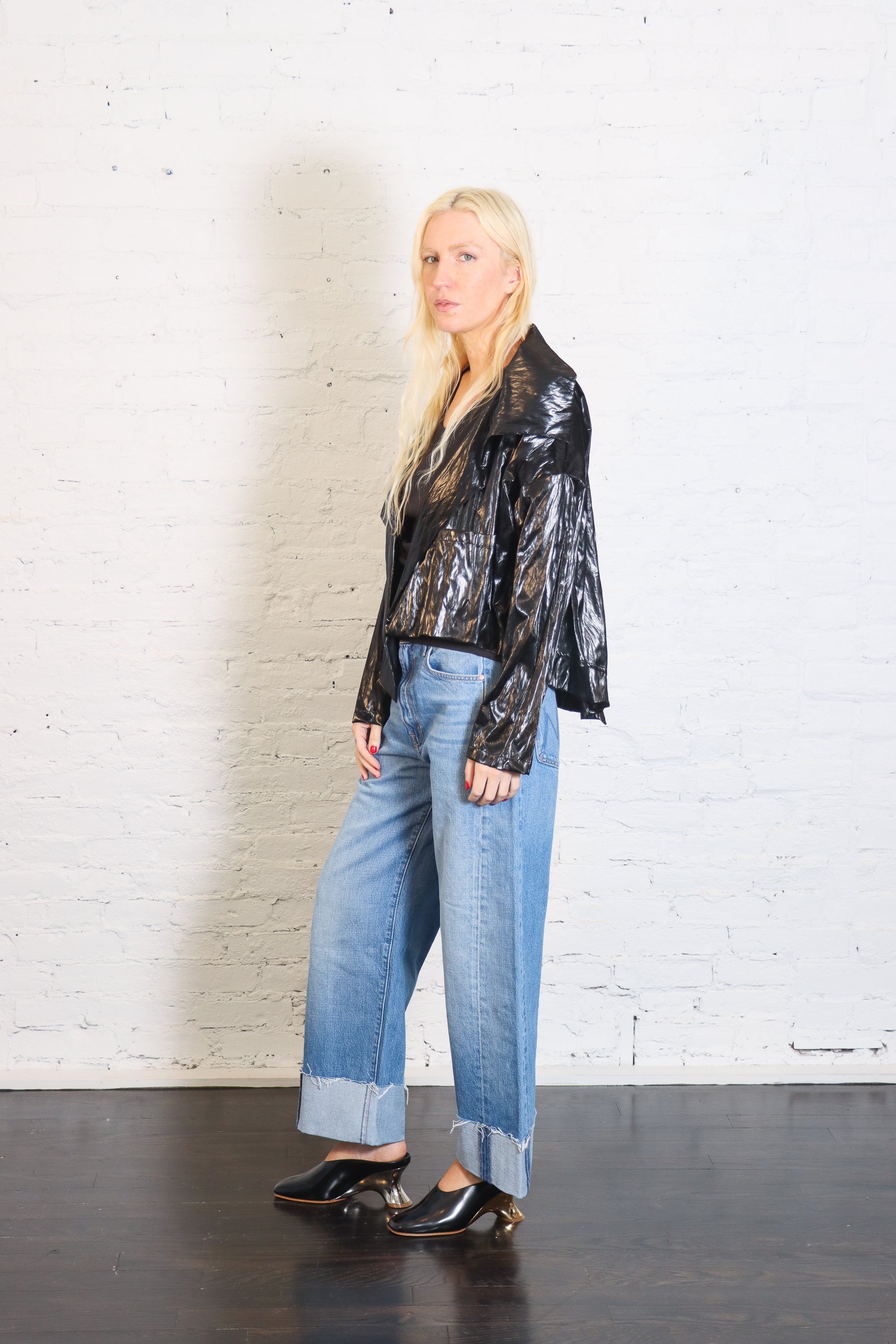 Cropped Asymmetrical Jacket in Crushed Patent Black by Planet-Planet-Idlewild-Cincinnati