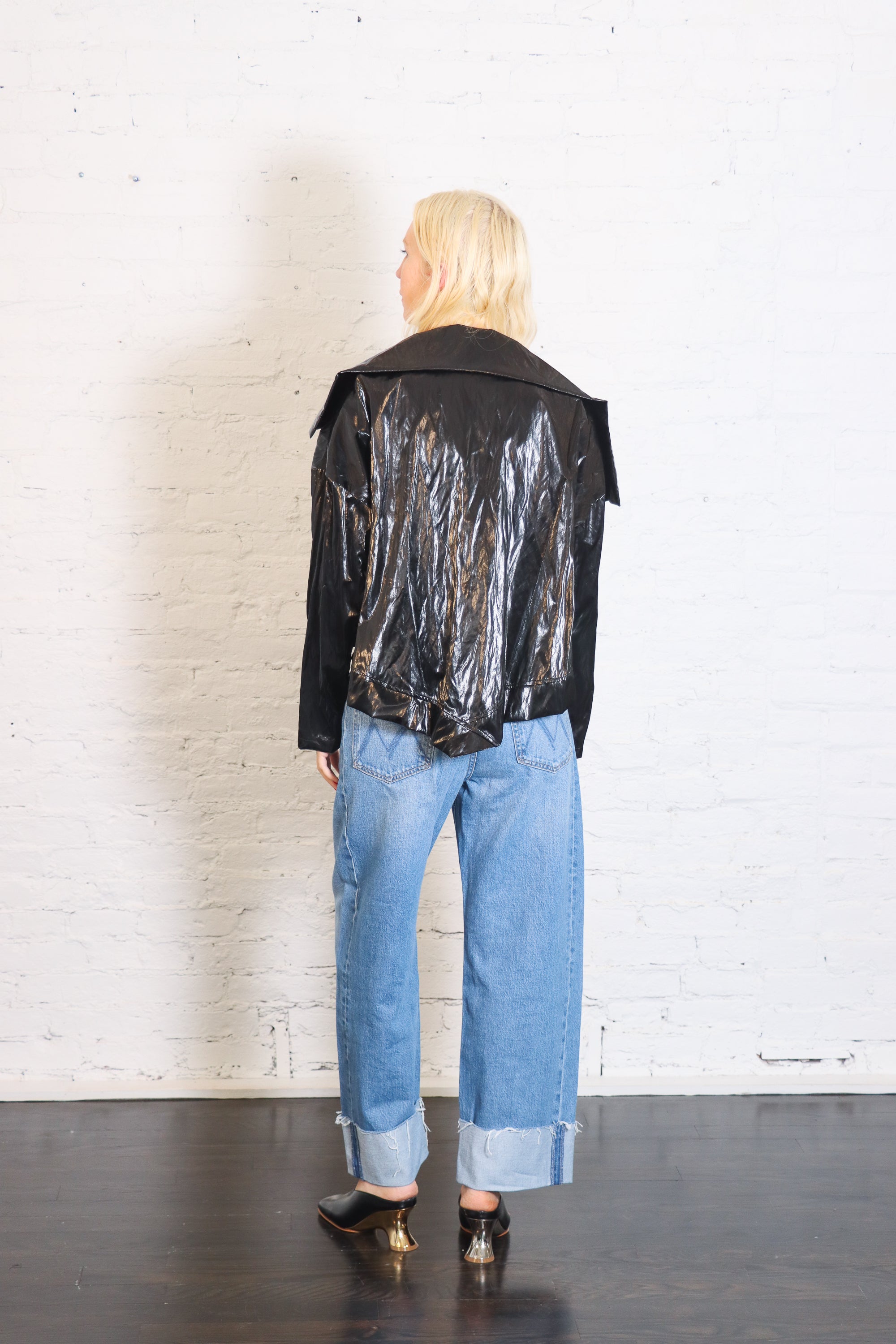 Cropped Asymmetrical Jacket in Crushed Patent Black by Planet-Planet-Idlewild-Cincinnati