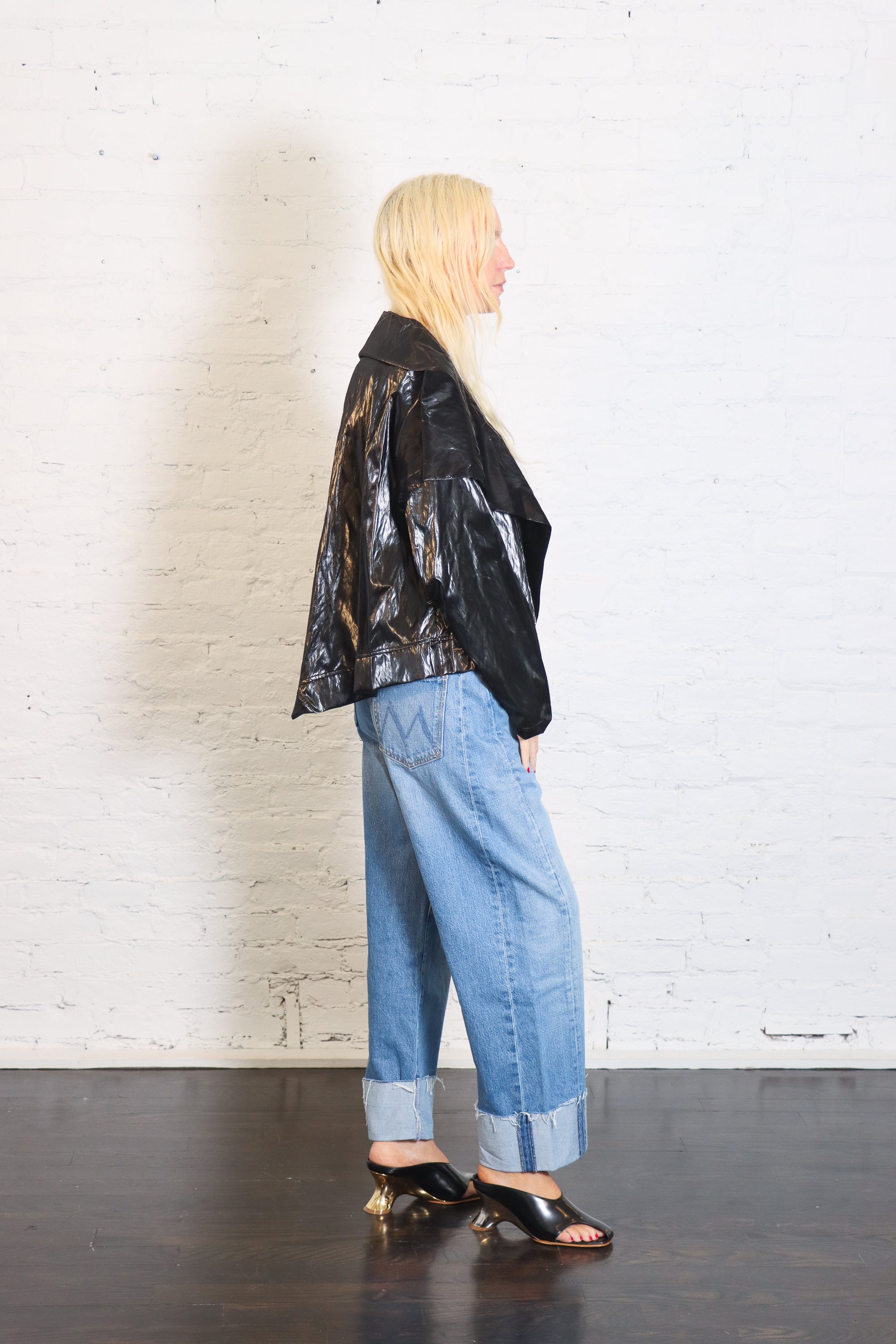 Cropped Asymmetrical Jacket in Crushed Patent Black by Planet-Planet-Idlewild-Cincinnati