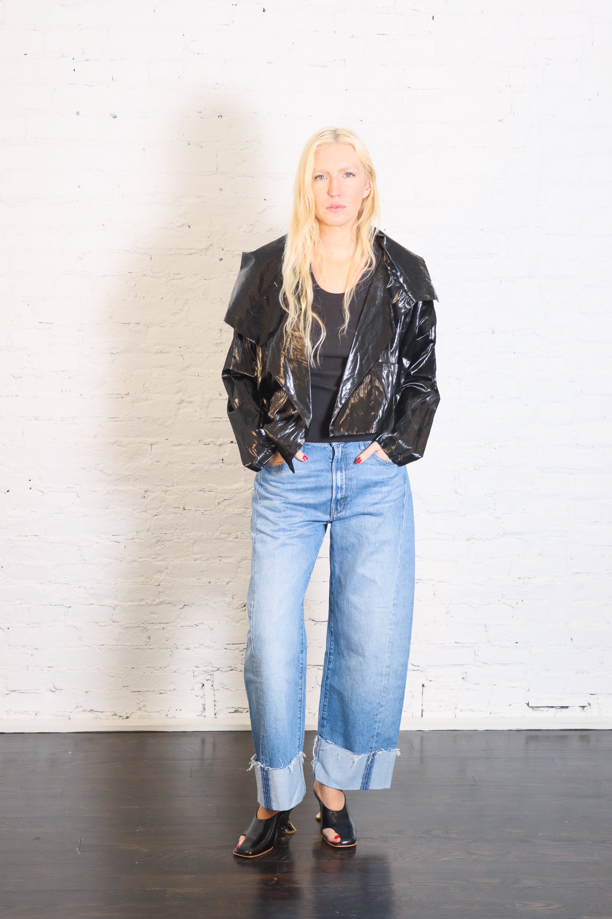 Cropped Asymmetrical Jacket in Crushed Patent Black by Planet-Planet-Idlewild-Cincinnati