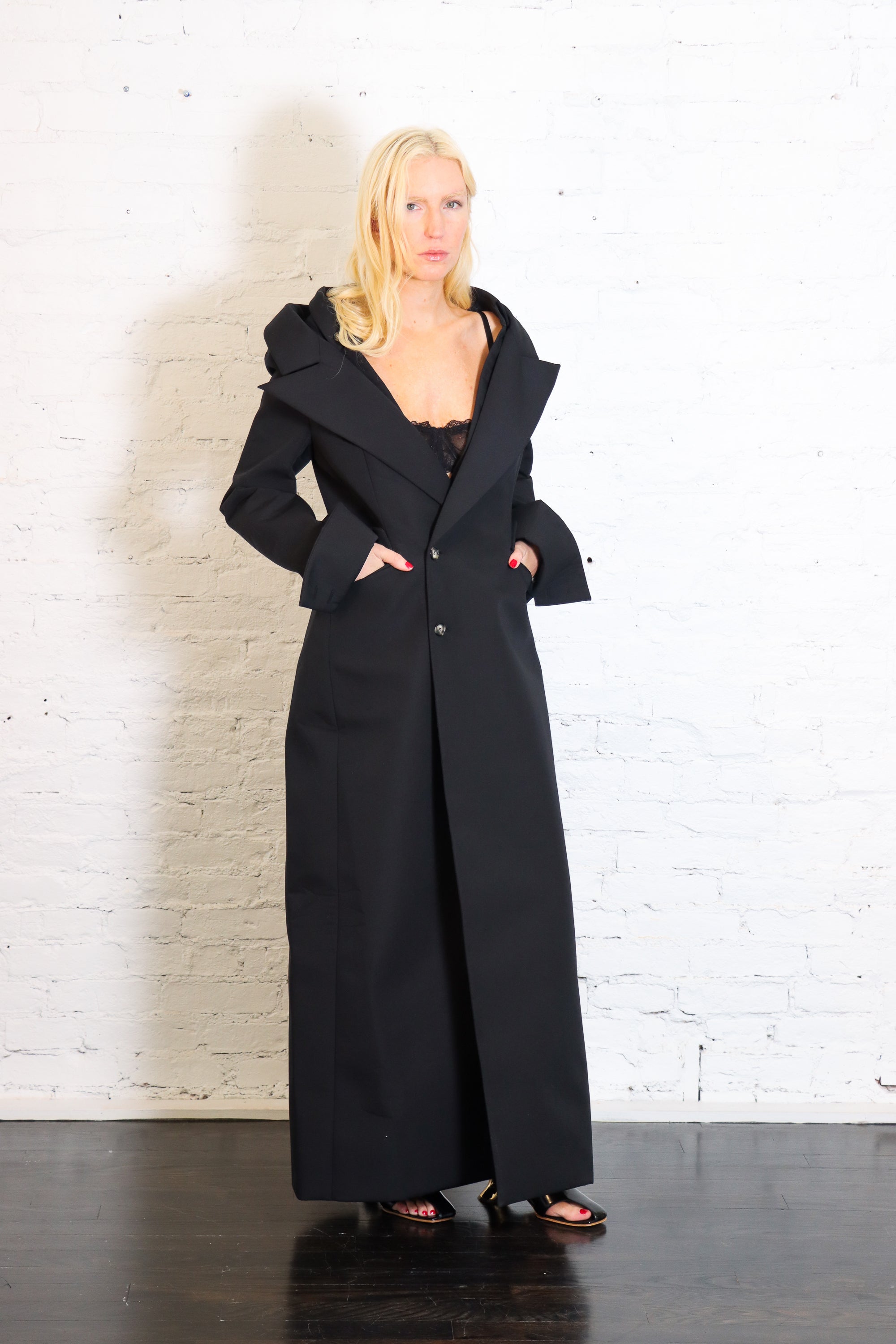 Double-Breasted Fitted Off-Shoulder Jacket Dress in Black by A.W.A.K.E. Mode-A.W.A.K.E.-Idlewild-Cincinnati